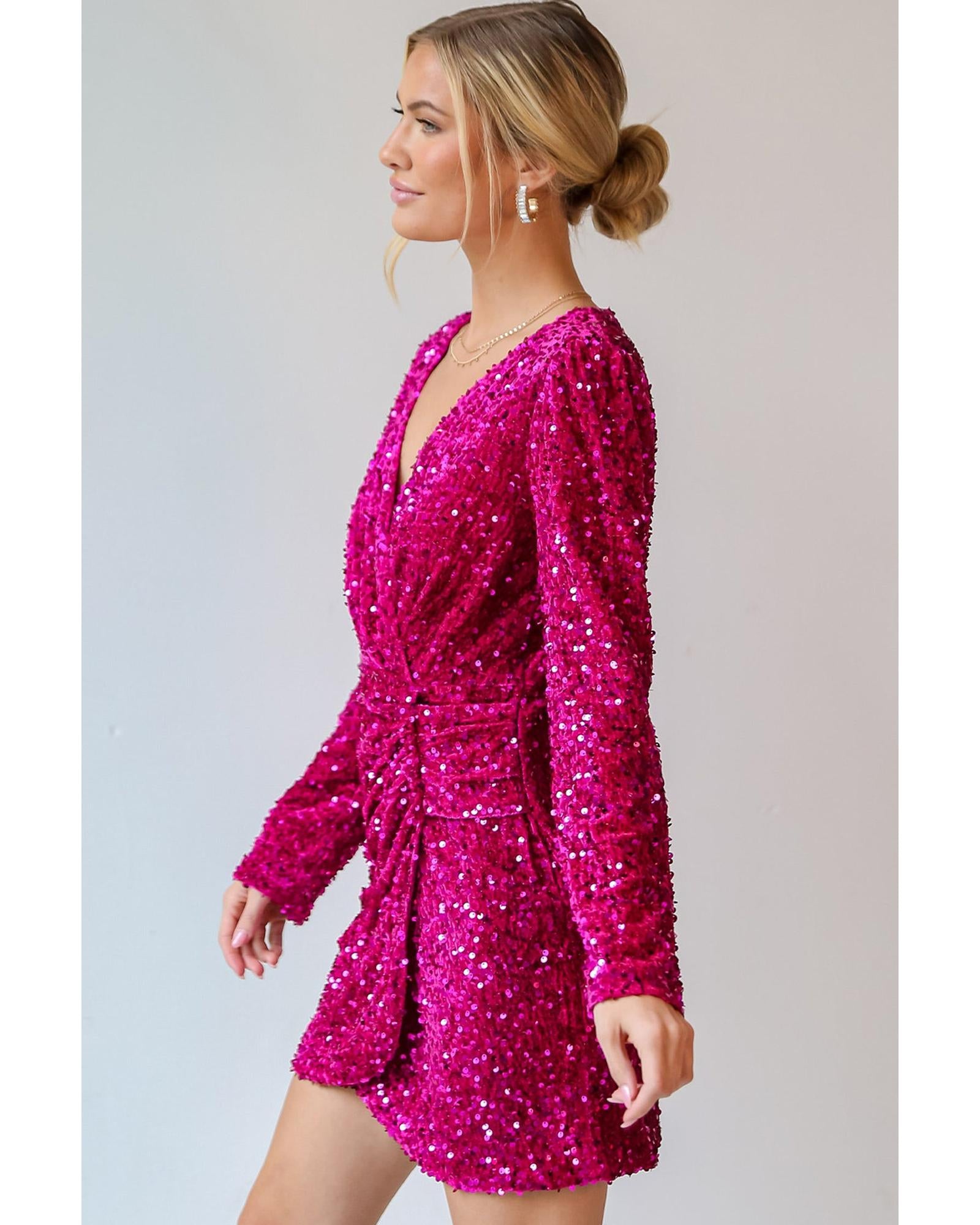 Pitaya Pink Velvet Sequin Long Sleeve V Neck Wrapped Mini Dress - L 5