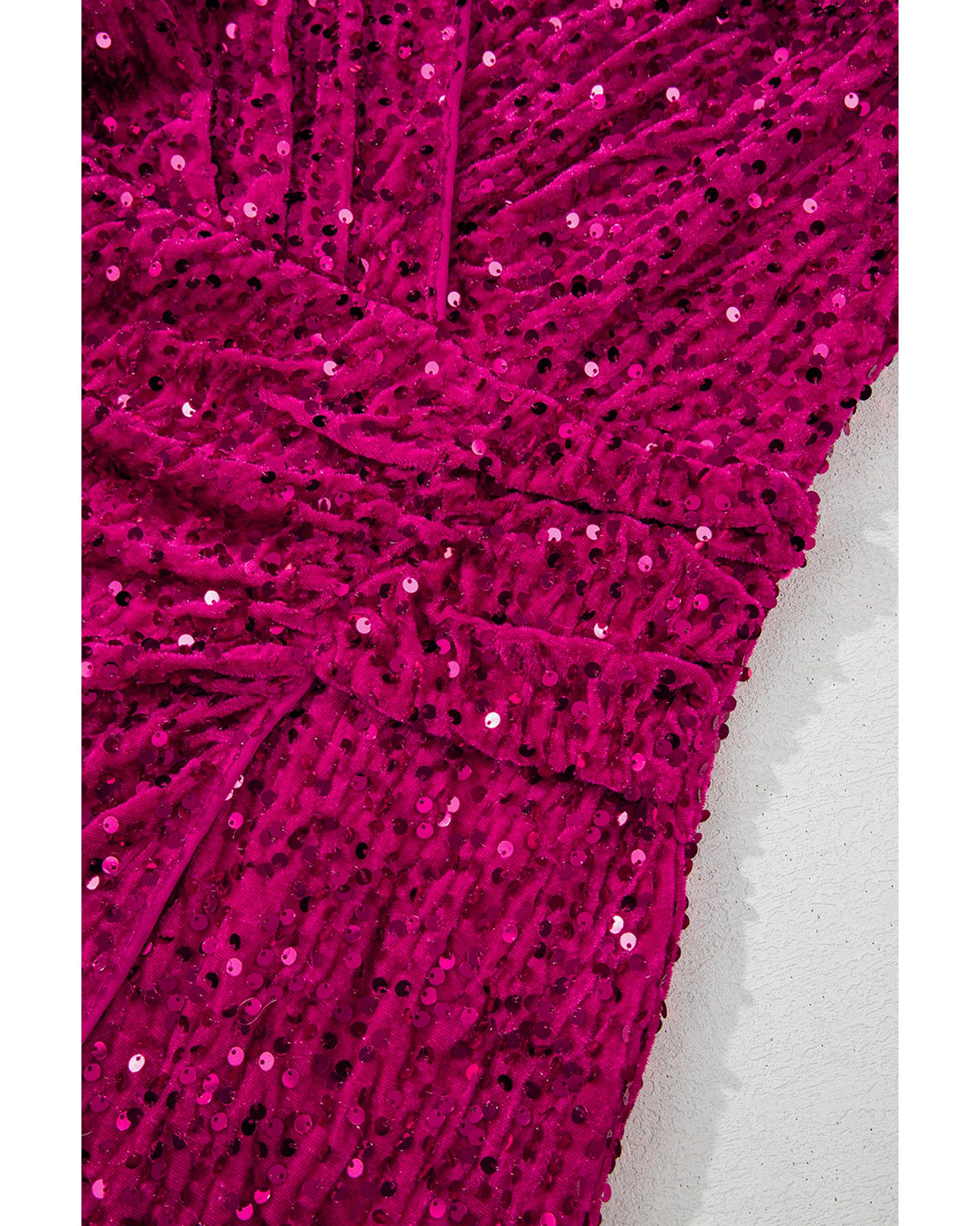 Pitaya Pink Velvet Sequin Long Sleeve V Neck Wrapped Mini Dress - L 6