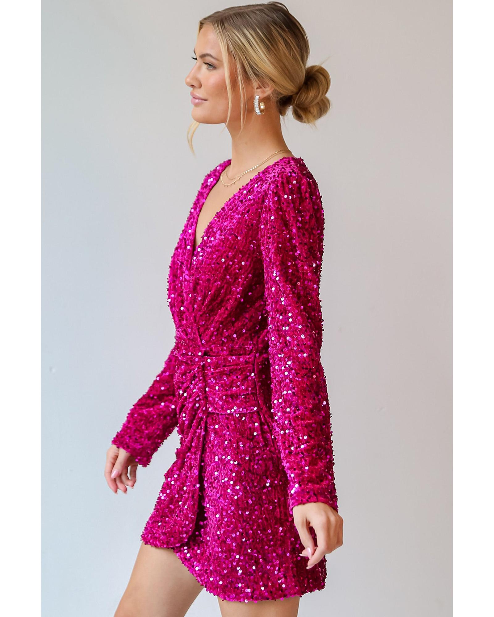 Pitaya Pink Velvet Sequin Long Sleeve V Neck Wrapped Mini Dress - S 7