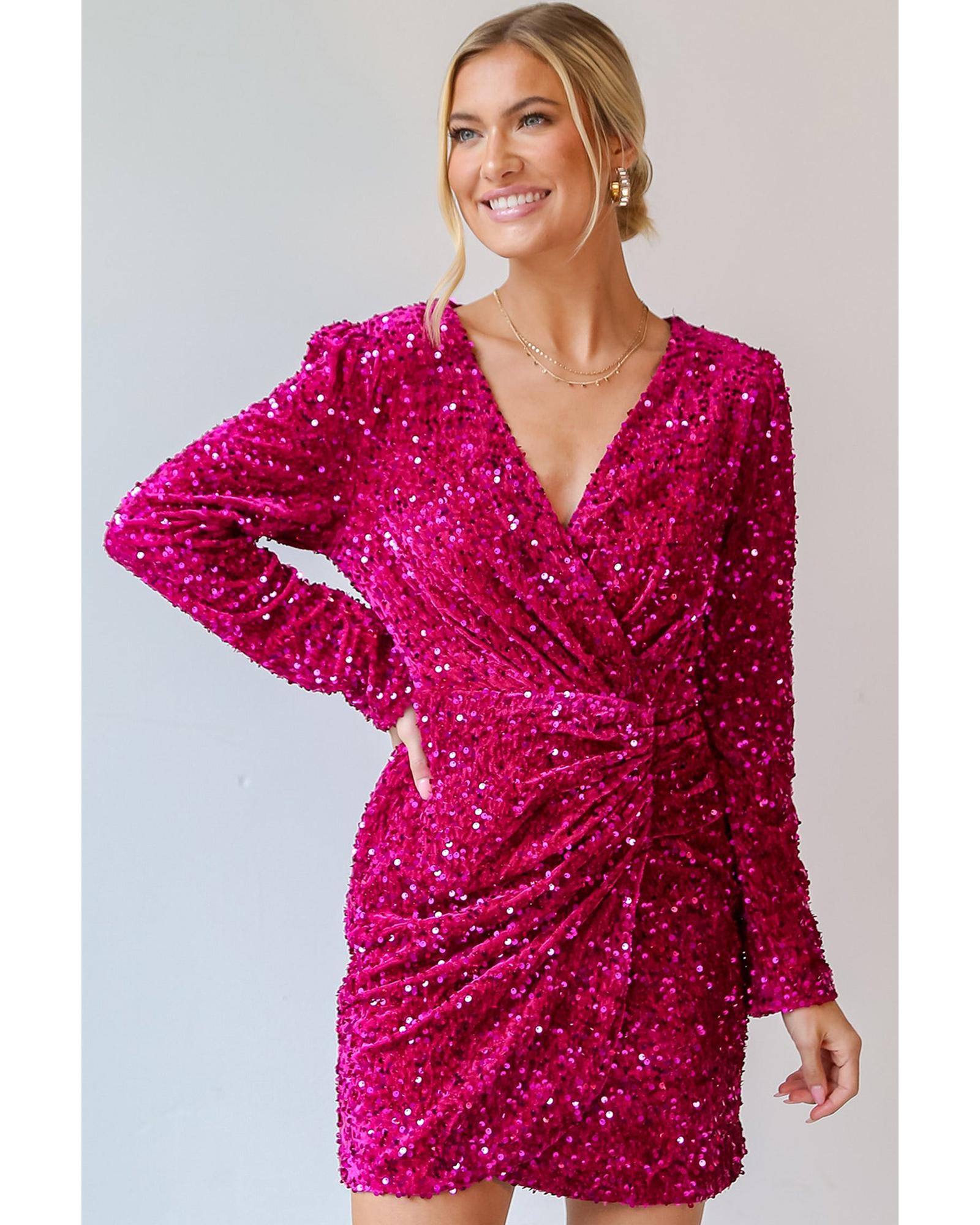 Pitaya Pink Velvet Sequin Long Sleeve V Neck Wrapped Mini Dress - XL