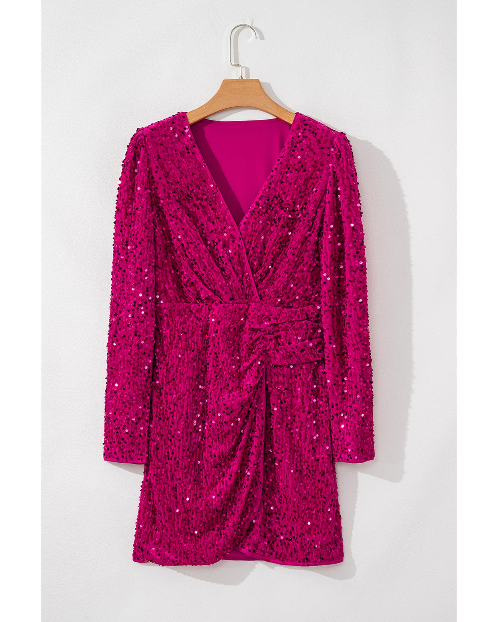 Pitaya Pink Velvet Sequin Long Sleeve V Neck Wrapped Mini Dress - XL 3