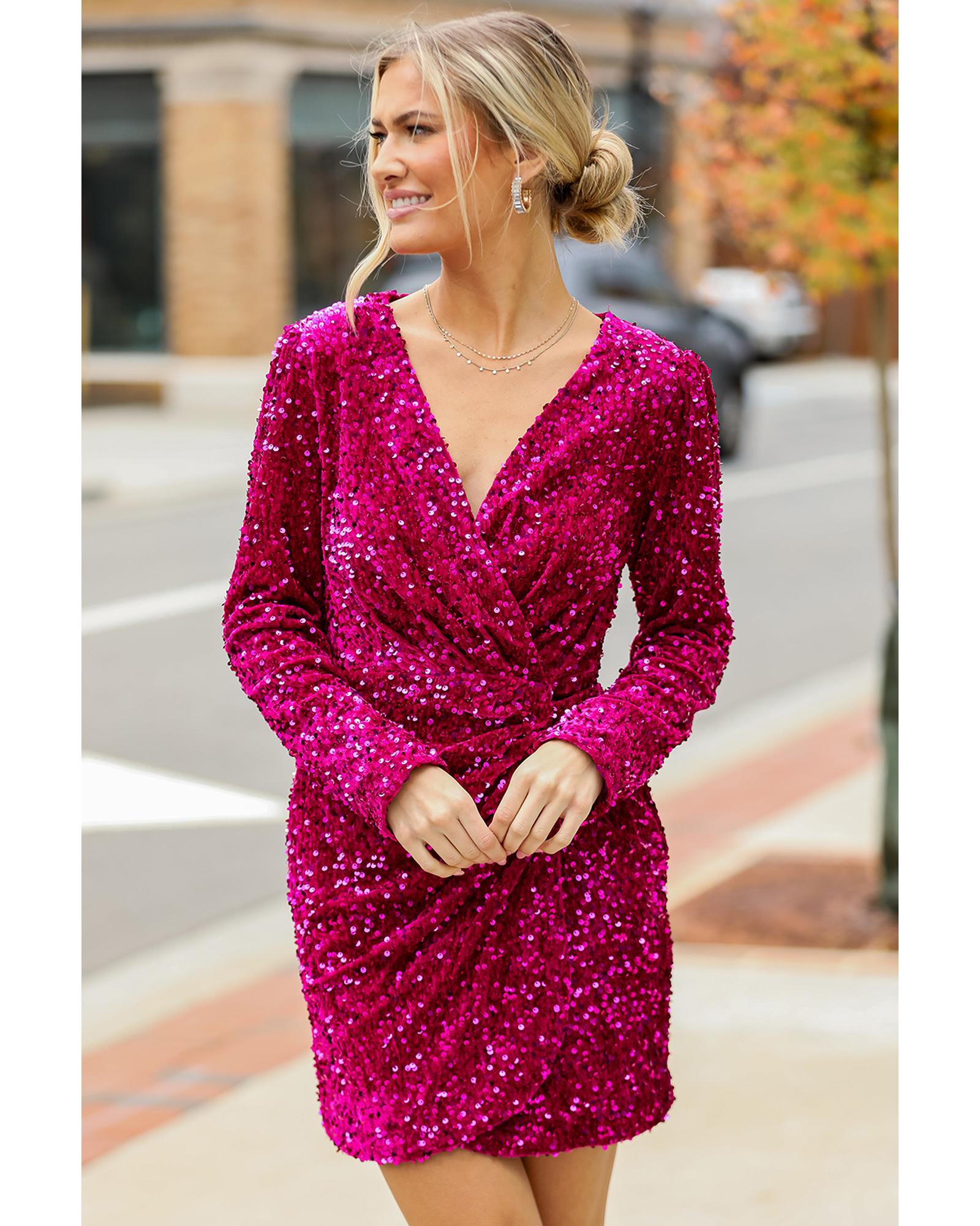 Pitaya Pink Velvet Sequin Long Sleeve V Neck Wrapped Mini Dress - XL 7