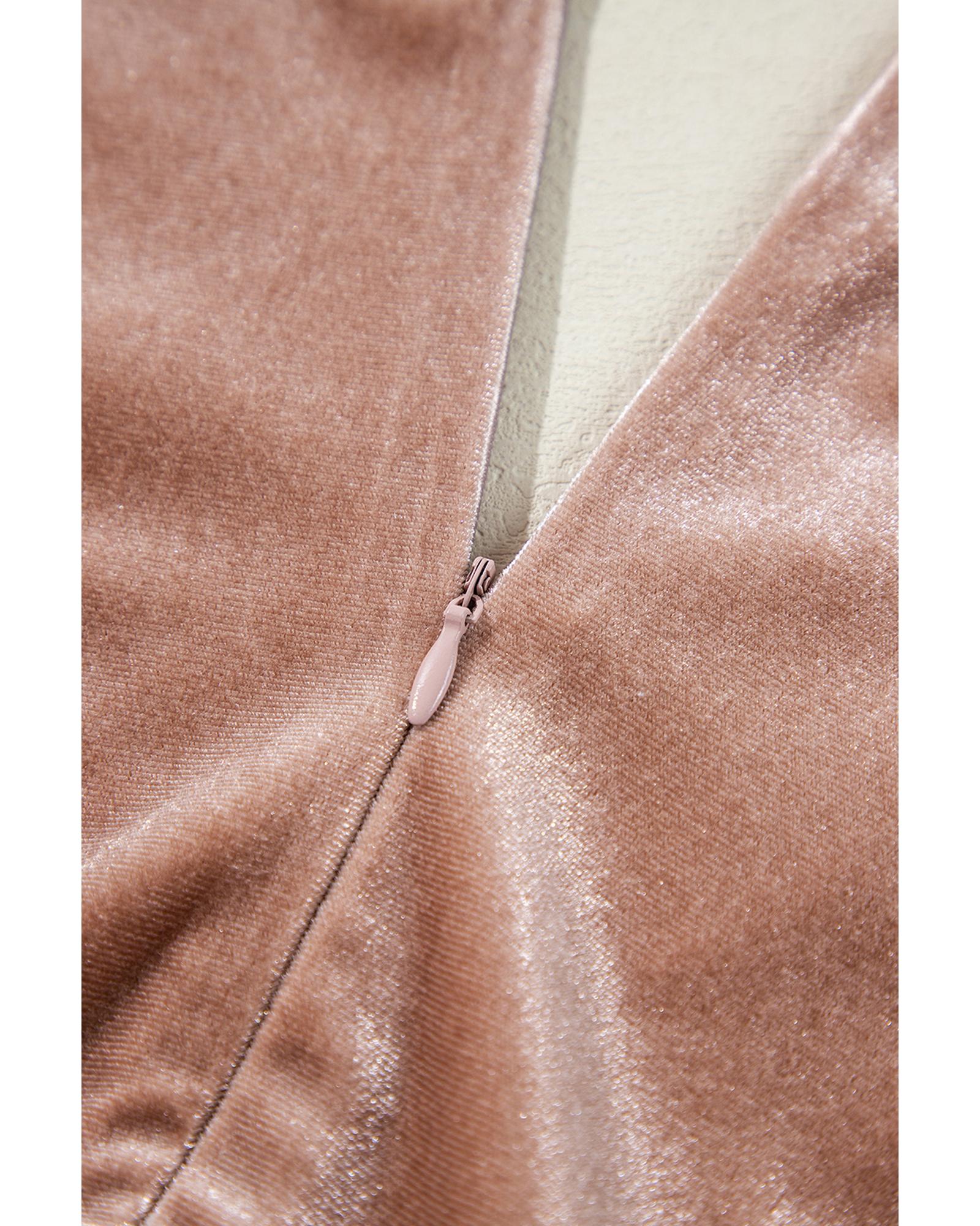 Chestnut Velvet Lacy V Neckline Short Sleeve Empire Waist Flowy Maxi Dress - M