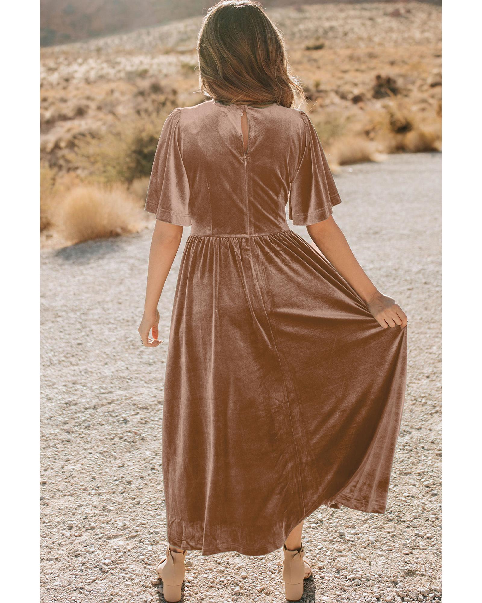 Chestnut Velvet Lacy V Neckline Short Sleeve Empire Waist Flowy Maxi Dress - XL 3