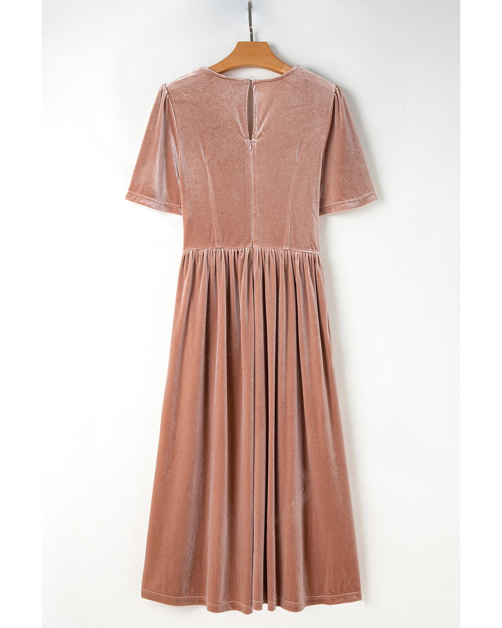 Chestnut Velvet Lacy V Neckline Short Sleeve Empire Waist Flowy Maxi Dress - XL 4