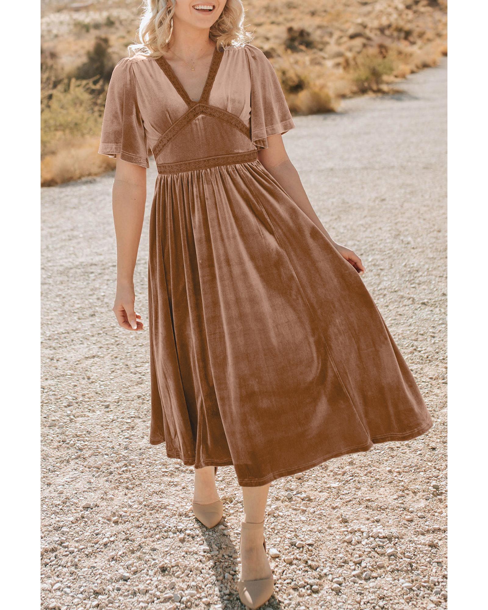 Chestnut Velvet Lacy V Neckline Short Sleeve Empire Waist Flowy Maxi Dress - XL 5