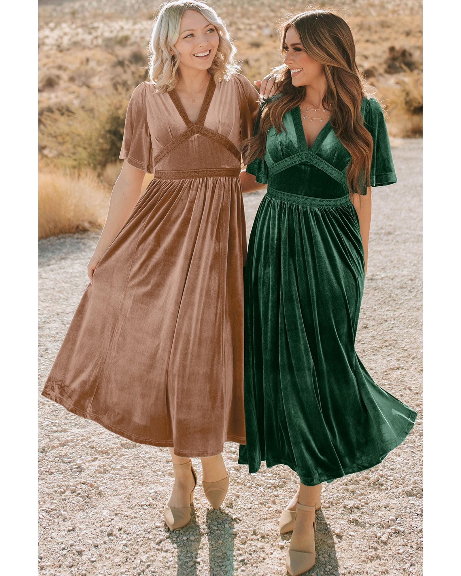 Chestnut Velvet Lacy V Neckline Short Sleeve Empire Waist Flowy Maxi Dress - XL 6