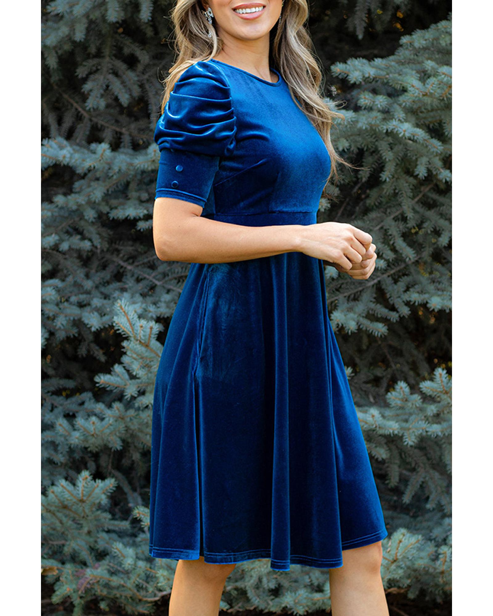 Sail Blue Velvet Ruched Short Sleeve Pocketed Mini Dress - M