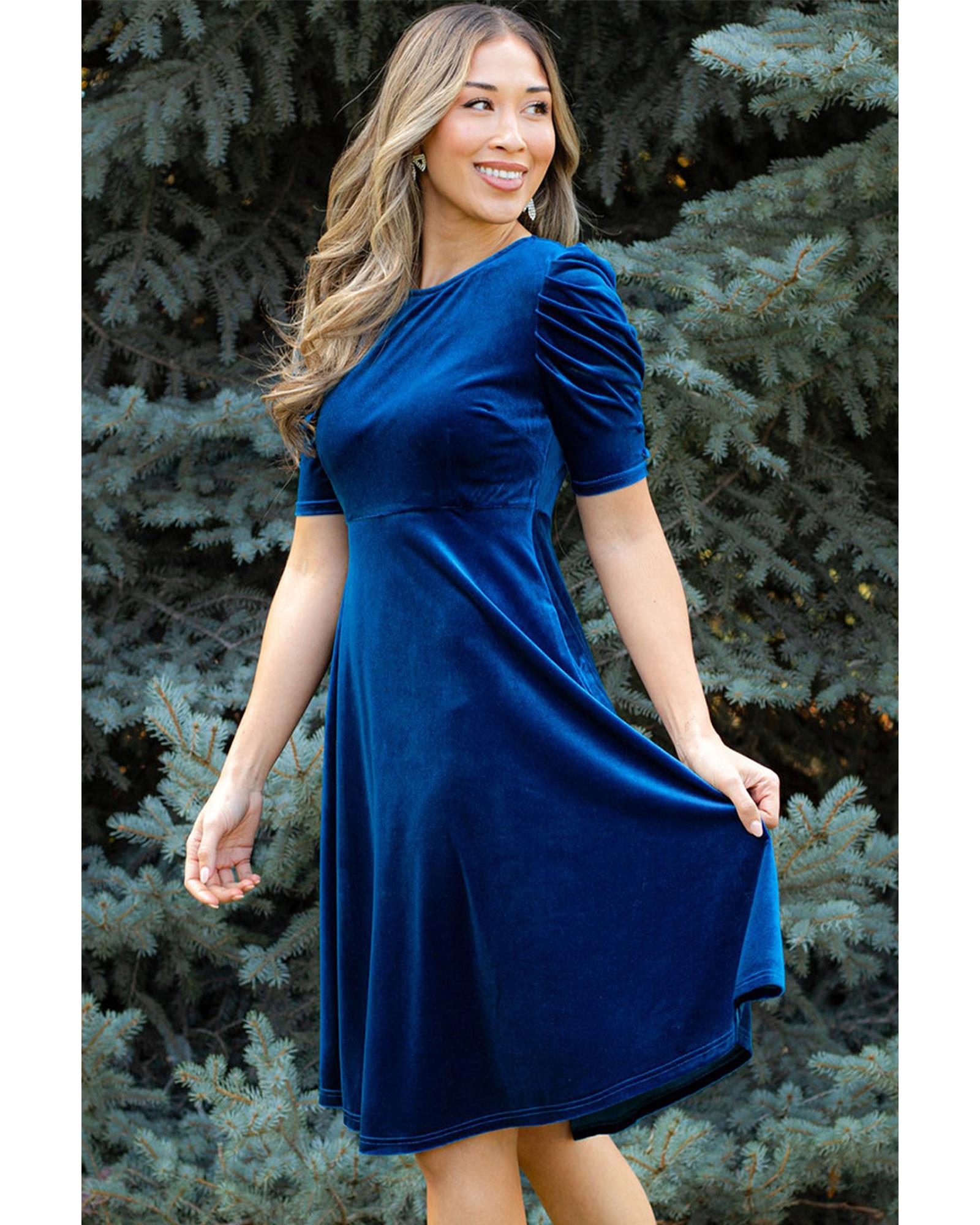 Sail Blue Velvet Ruched Short Sleeve Pocketed Mini Dress - M 5