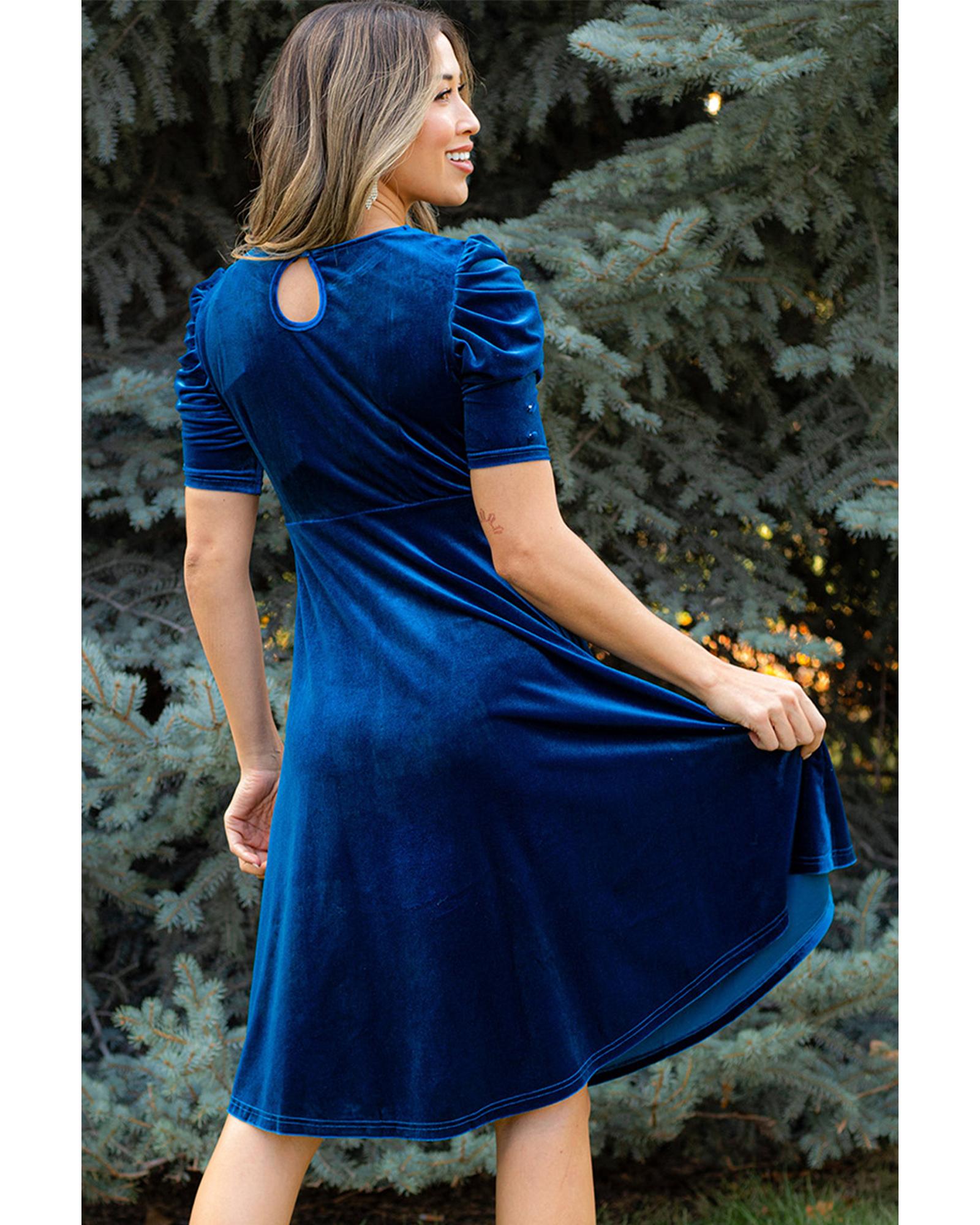 Sail Blue Velvet Ruched Short Sleeve Pocketed Mini Dress - XL 3