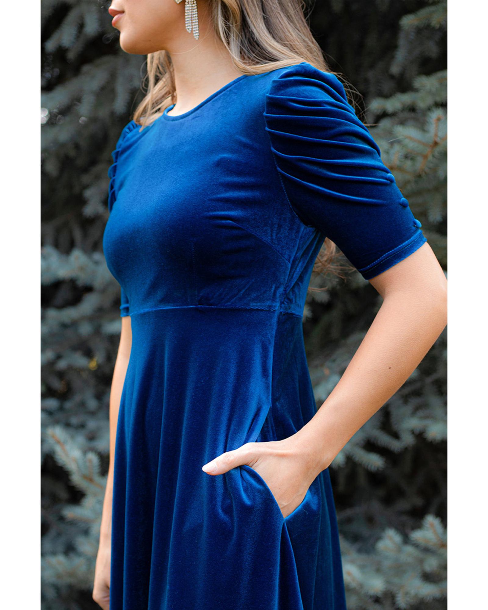 Sail Blue Velvet Ruched Short Sleeve Pocketed Mini Dress - XL 4