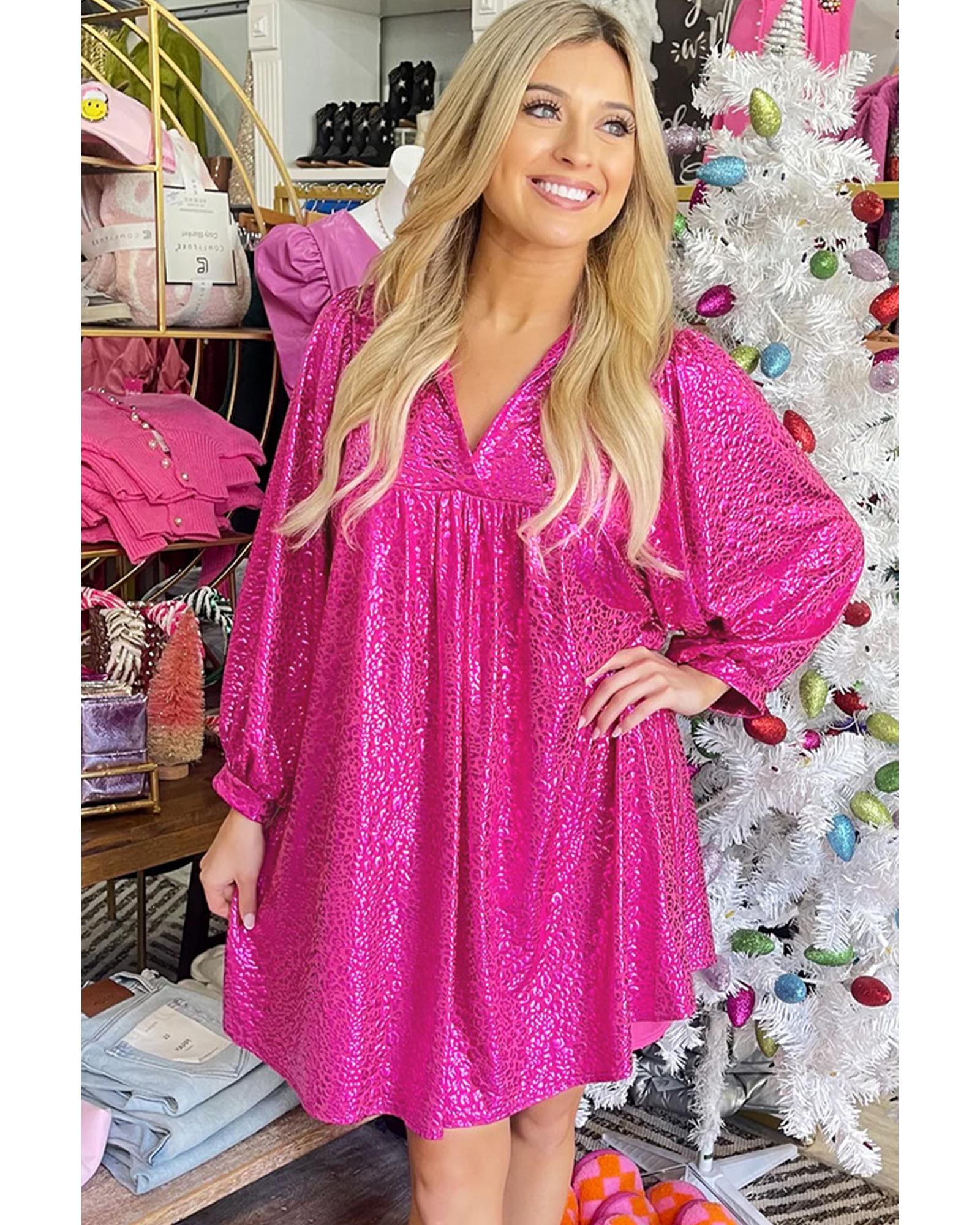 Rose Red Metallic Leopard Print Collared Babydoll Mini Dress - M 7