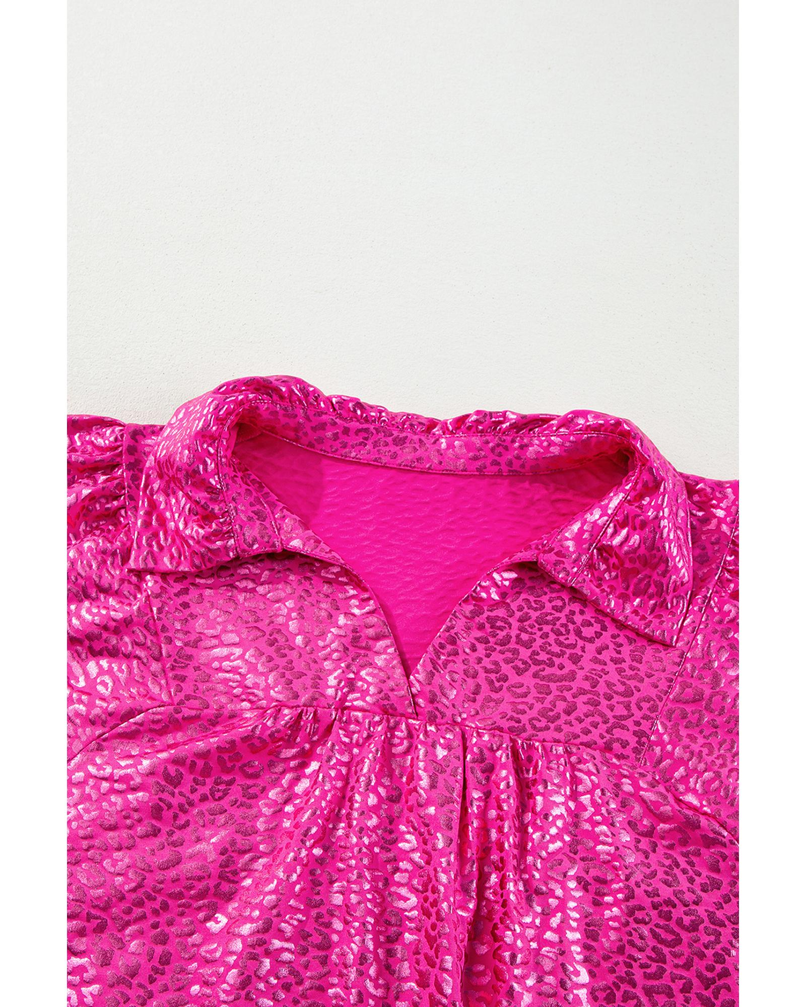 Rose Red Metallic Leopard Print Collared Babydoll Mini Dress - S