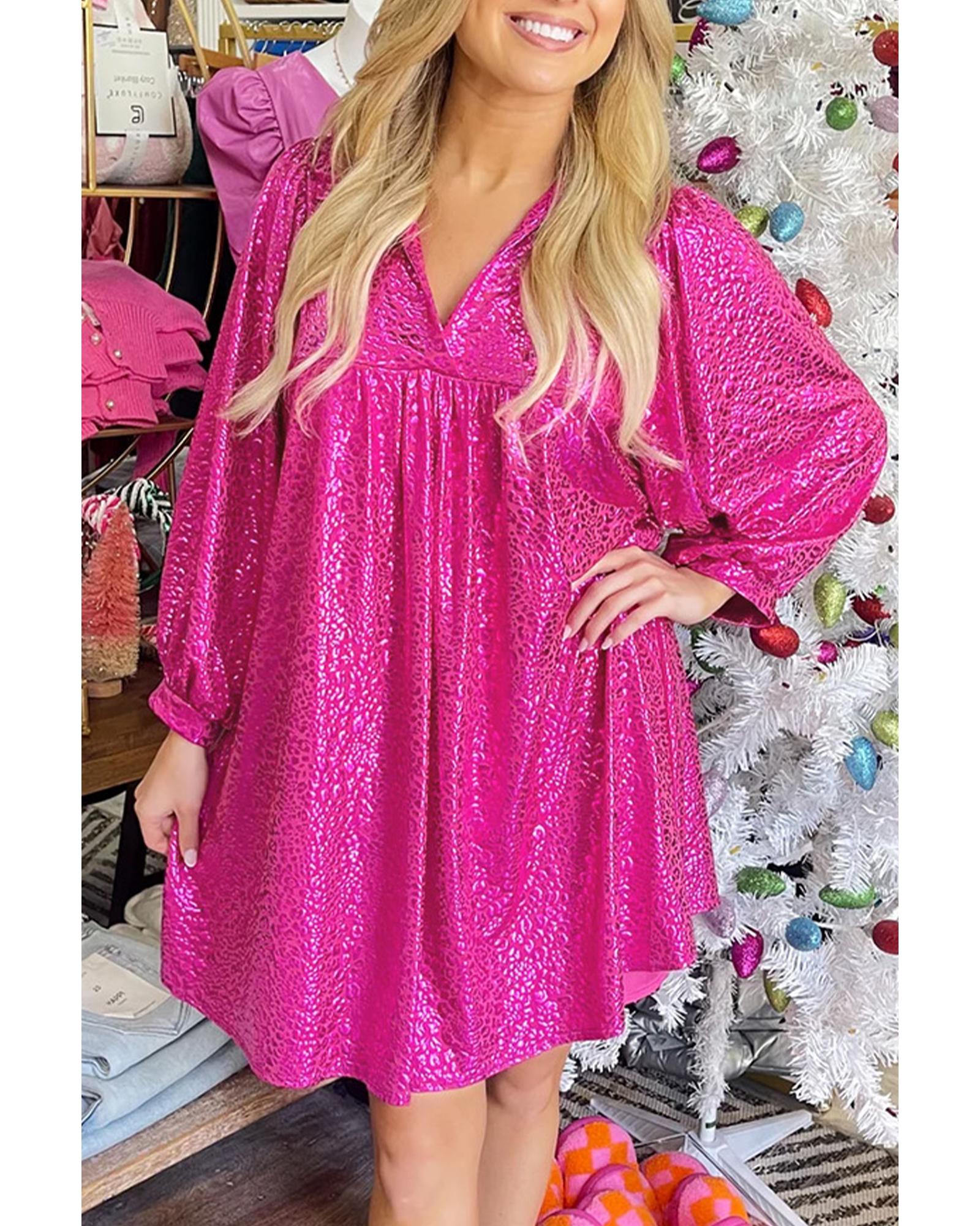 Rose Red Metallic Leopard Print Collared Babydoll Mini Dress - S