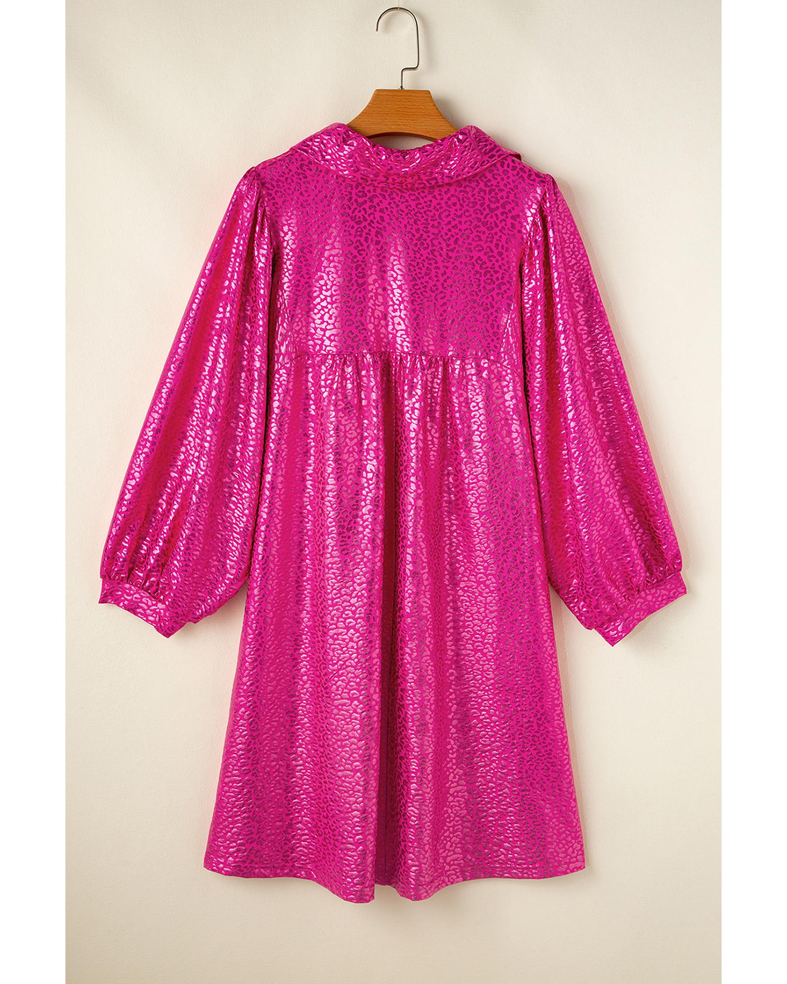 Rose Red Metallic Leopard Print Collared Babydoll Mini Dress - S 6