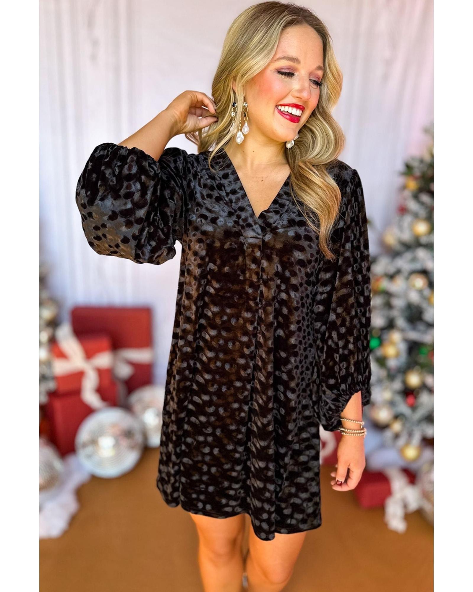Black Textured V Neck Balloon Sleeve Velvet Mini Dress - L