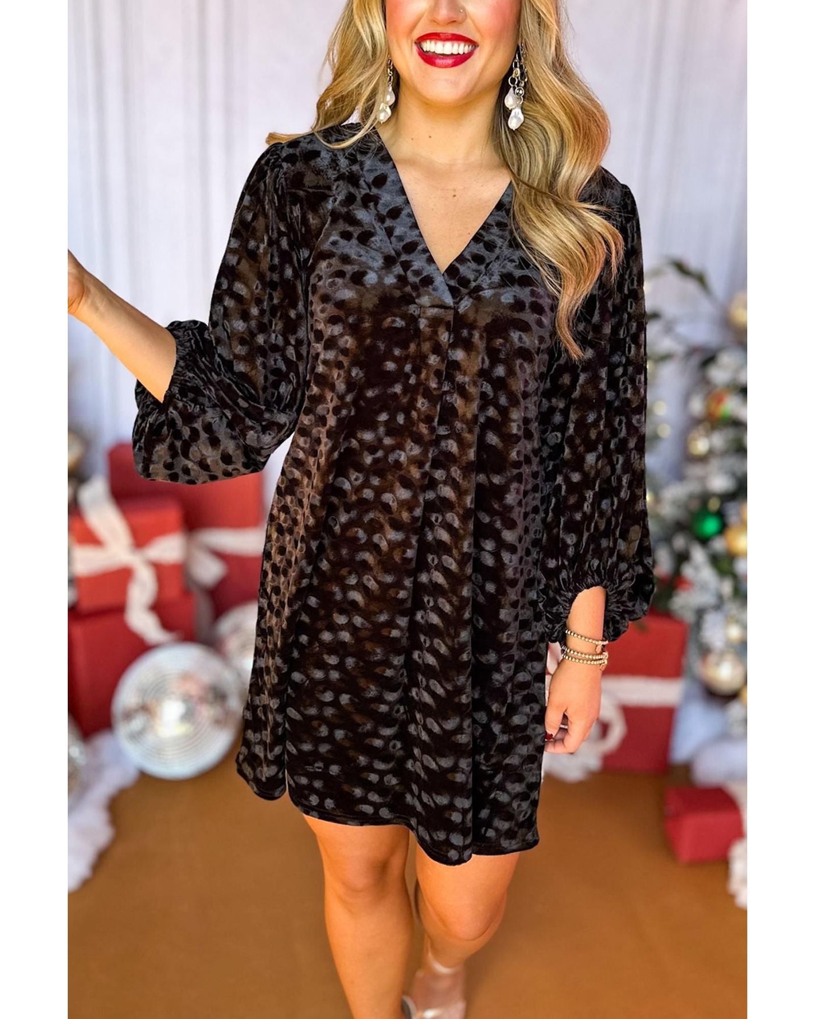 Black Textured V Neck Balloon Sleeve Velvet Mini Dress - M