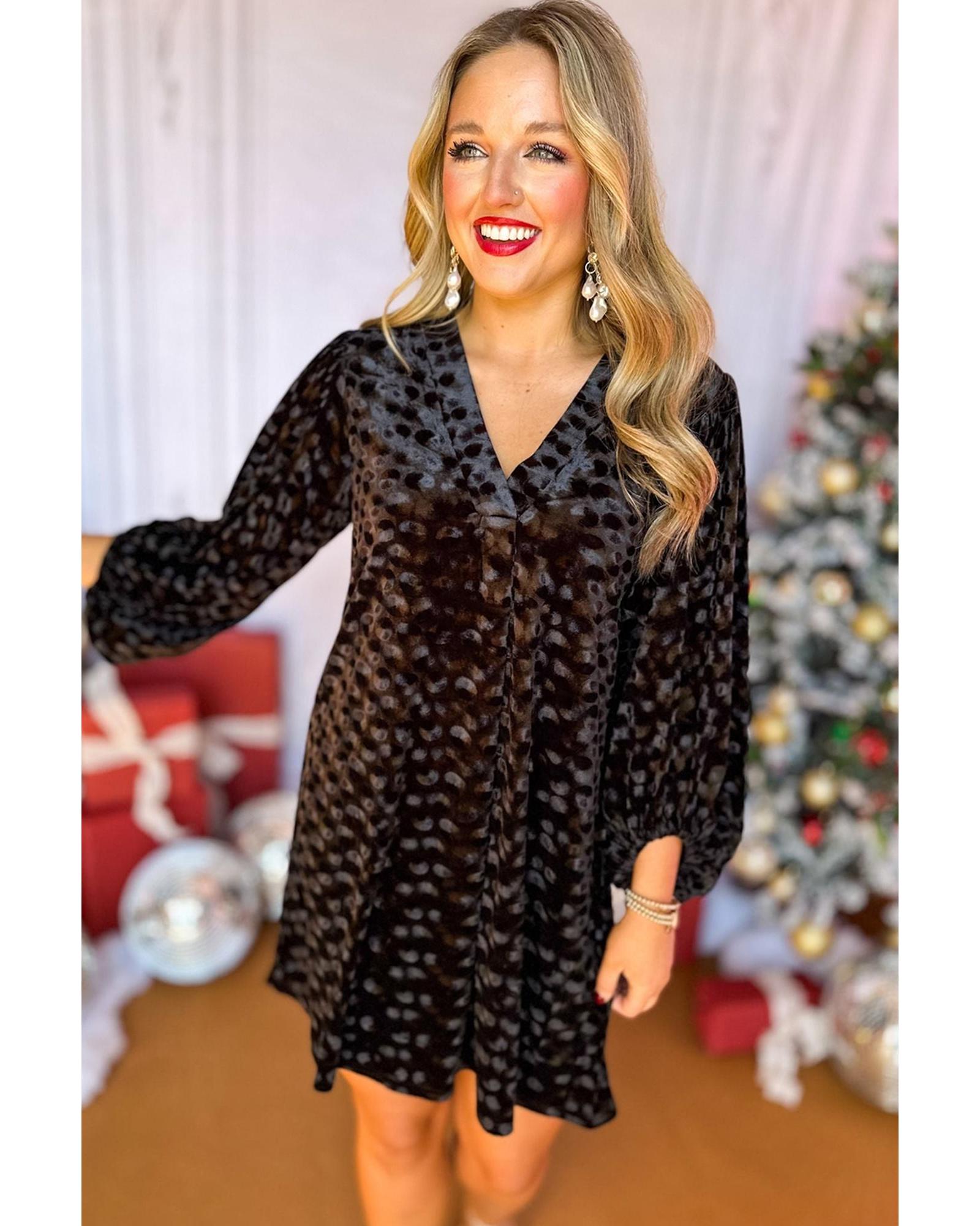 Black Textured V Neck Balloon Sleeve Velvet Mini Dress - M 4