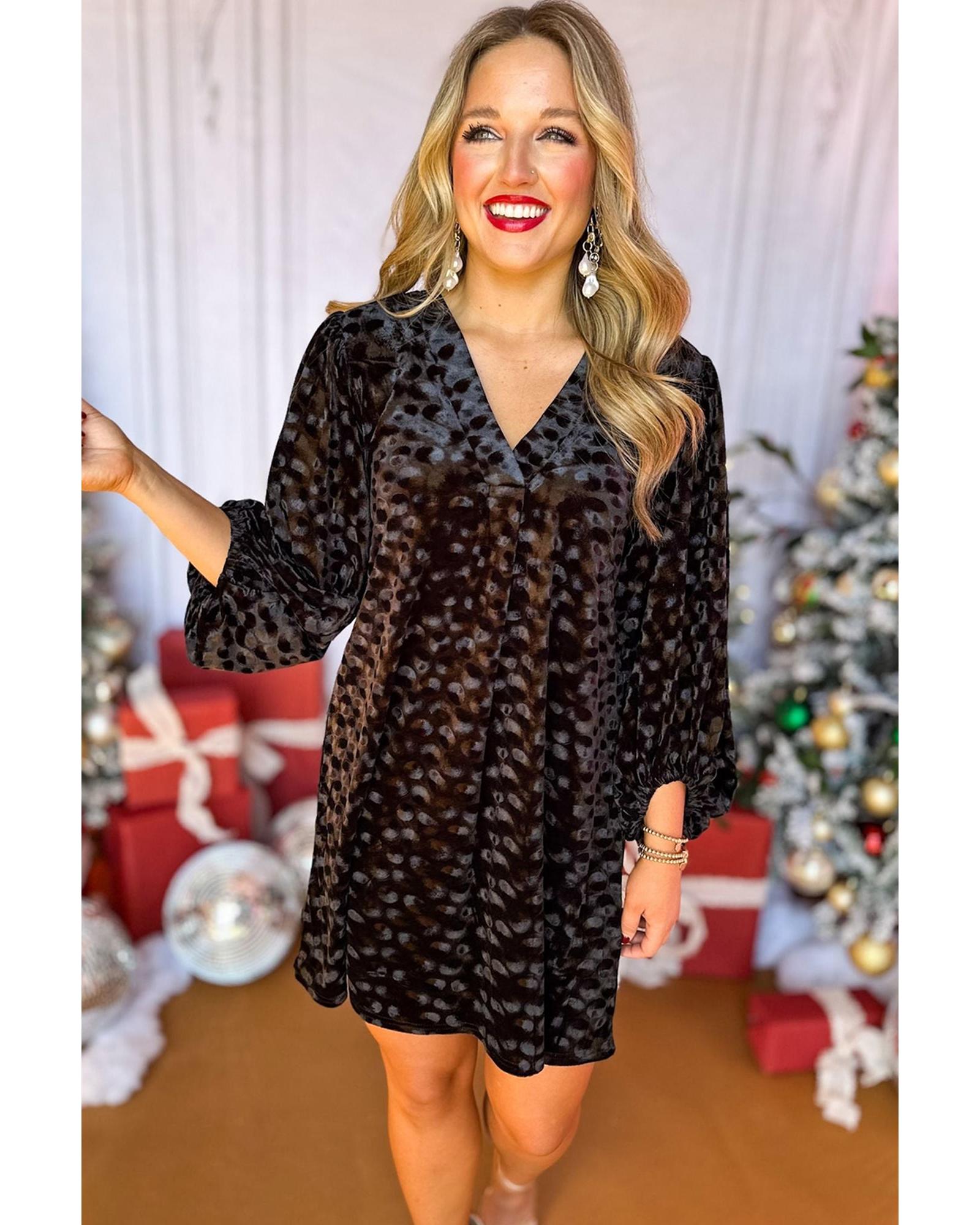 Black Textured V Neck Balloon Sleeve Velvet Mini Dress - M 5