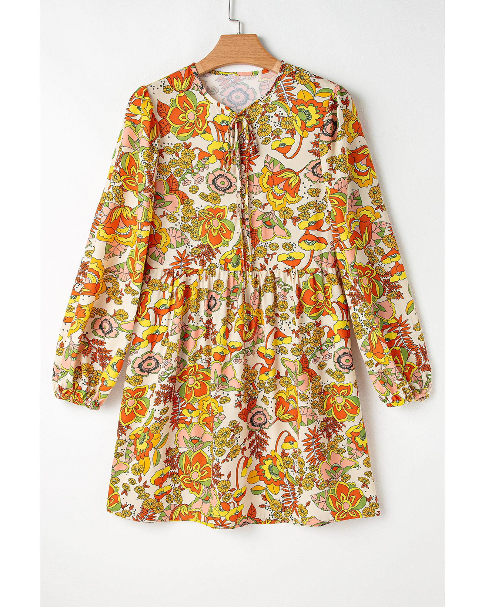 Yellow Cream Floral Print V Neck Puff Sleeve Mini Dress - L
