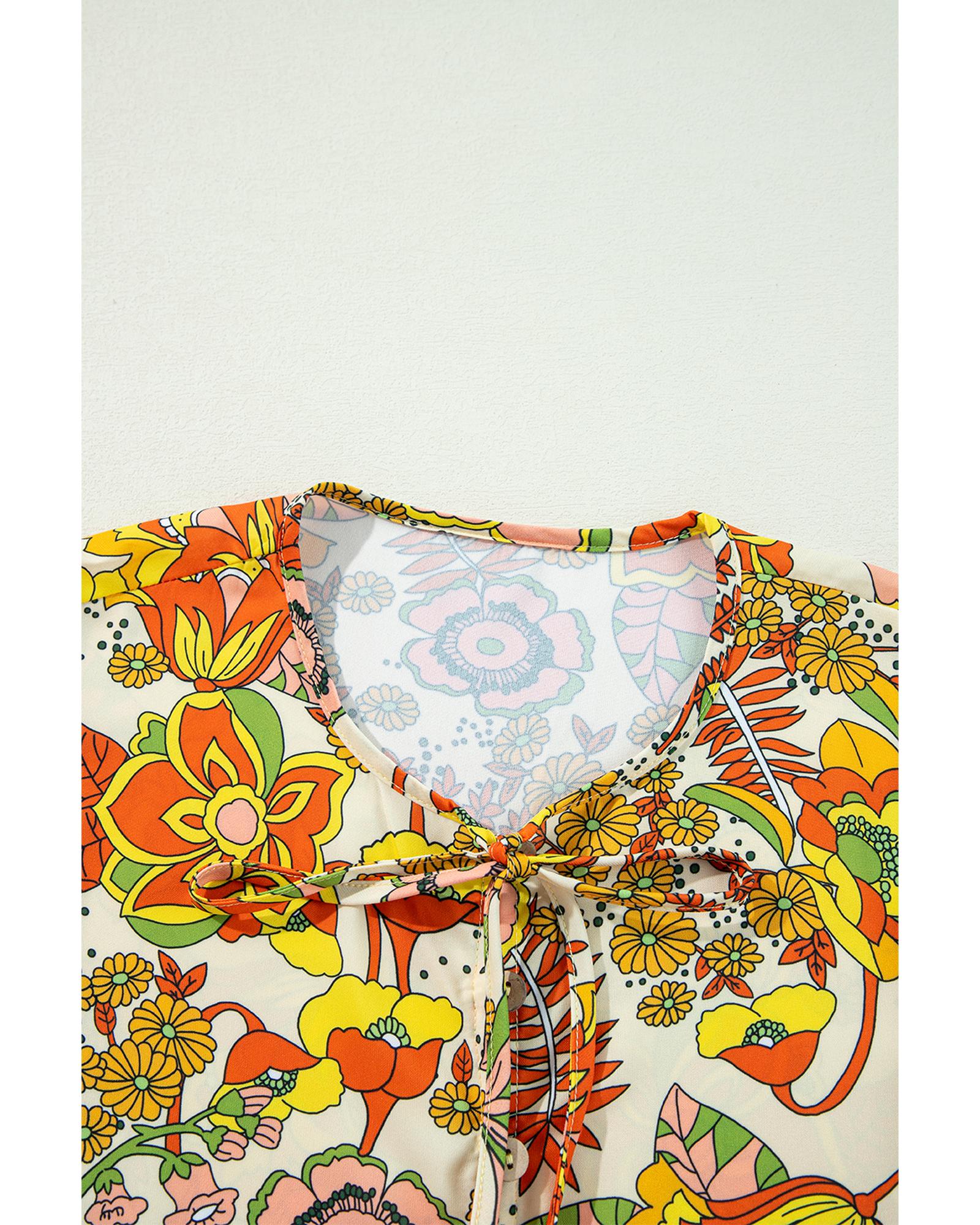 Yellow Cream Floral Print V Neck Puff Sleeve Mini Dress - M 6