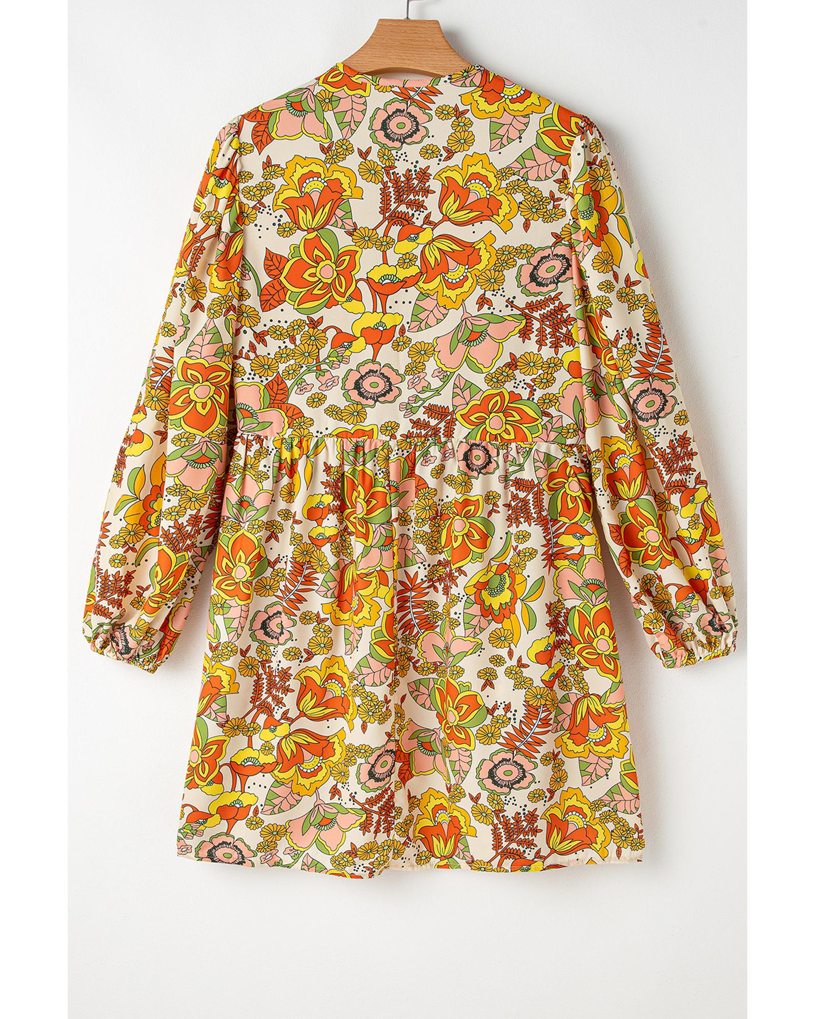 Yellow Cream Floral Print V Neck Puff Sleeve Mini Dress - S 8