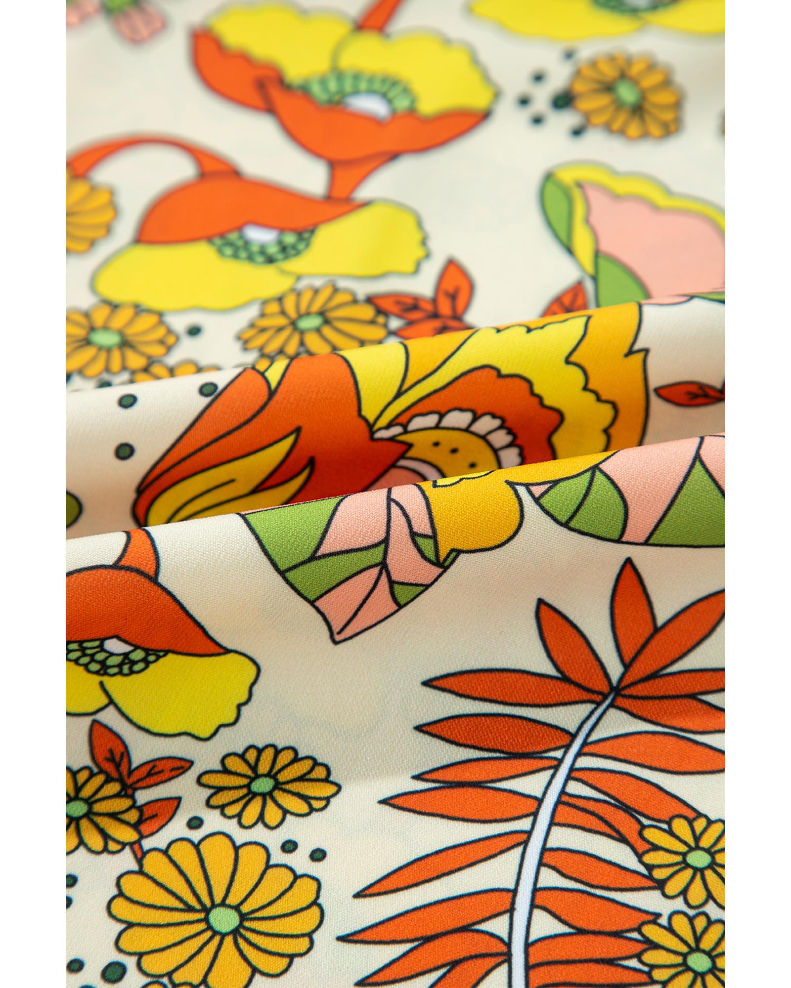 Yellow Cream Floral Print V Neck Puff Sleeve Mini Dress - XL 4