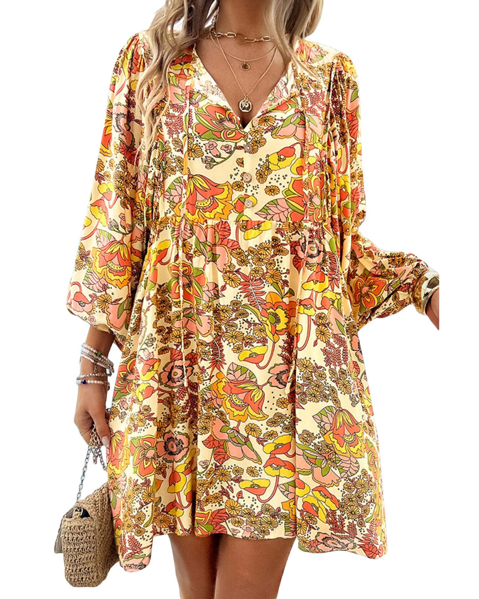 Yellow Cream Floral Print V Neck Puff Sleeve Mini Dress - XL 6