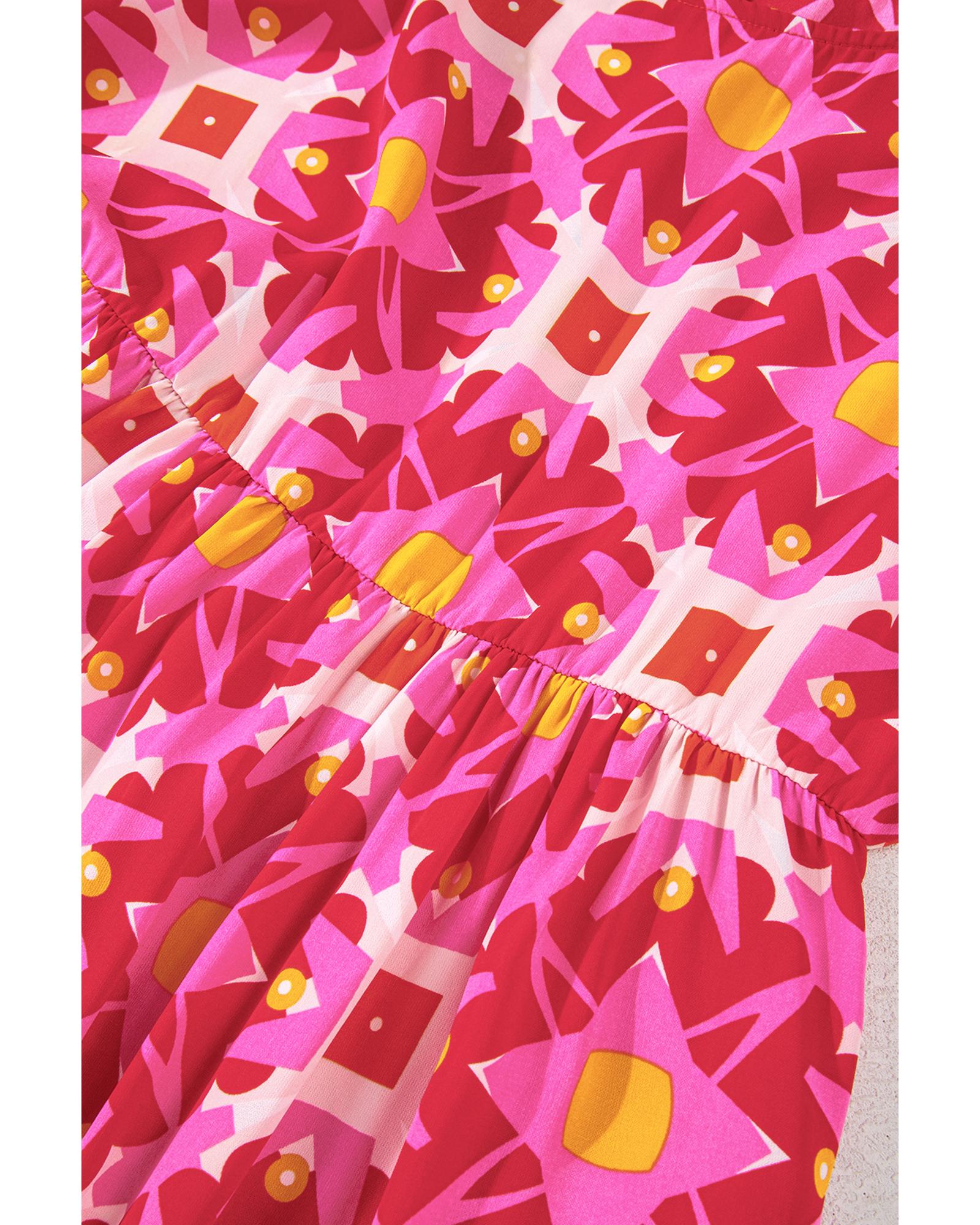 Strawberry Pink Geometric Print Smocked Long Sleeve Mini Dress - M