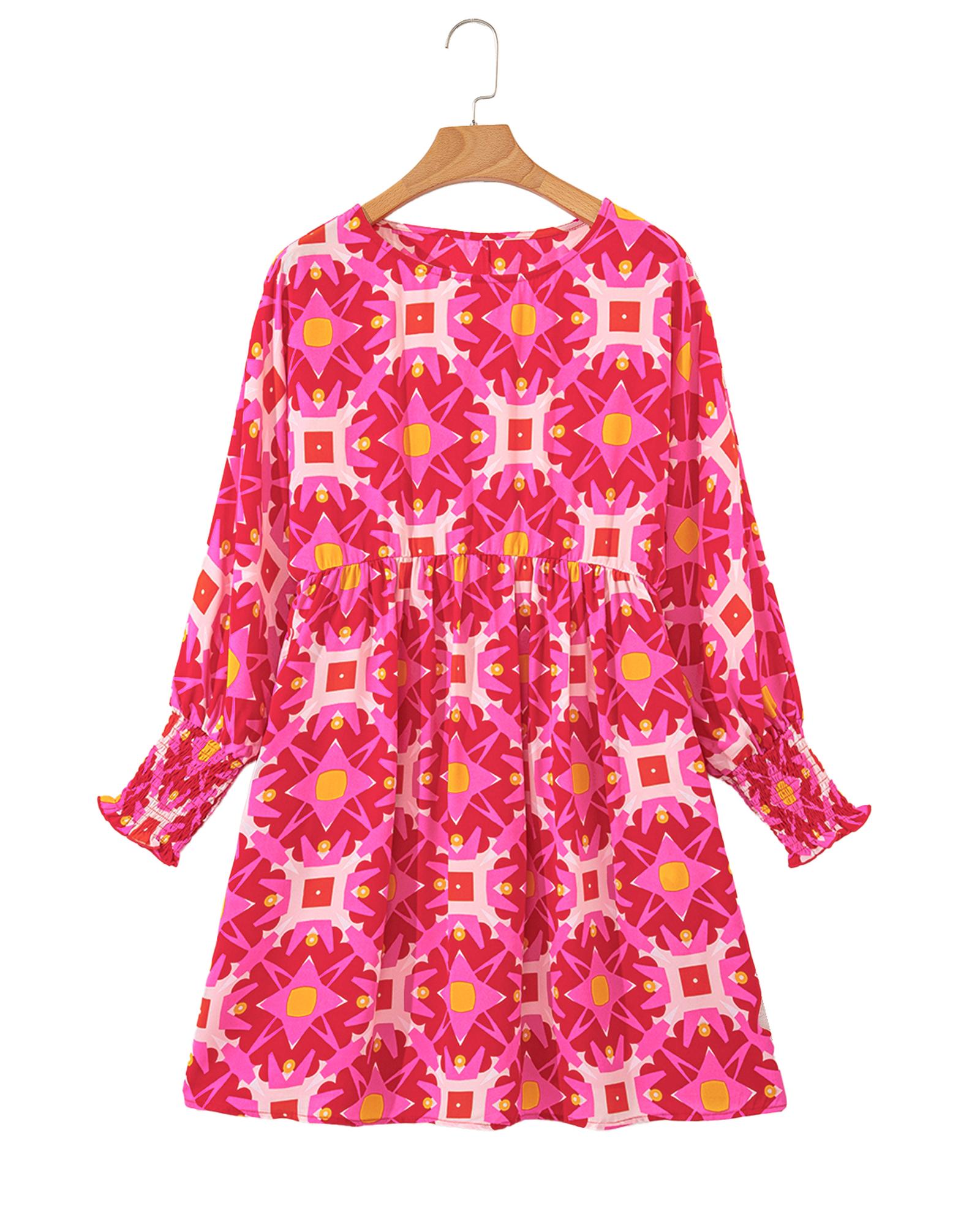 Strawberry Pink Geometric Print Smocked Long Sleeve Mini Dress - M 3