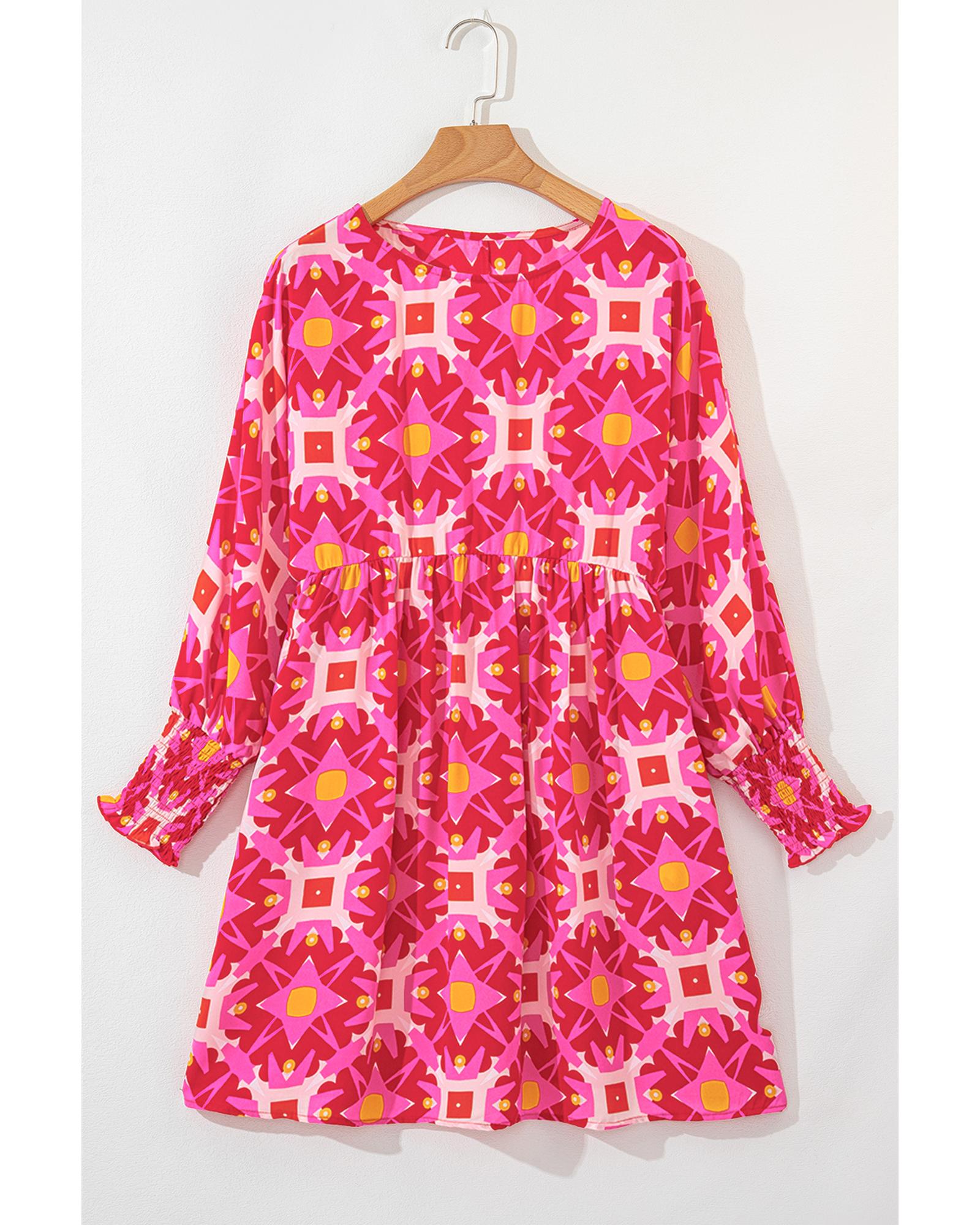 Strawberry Pink Geometric Print Smocked Long Sleeve Mini Dress - M 4
