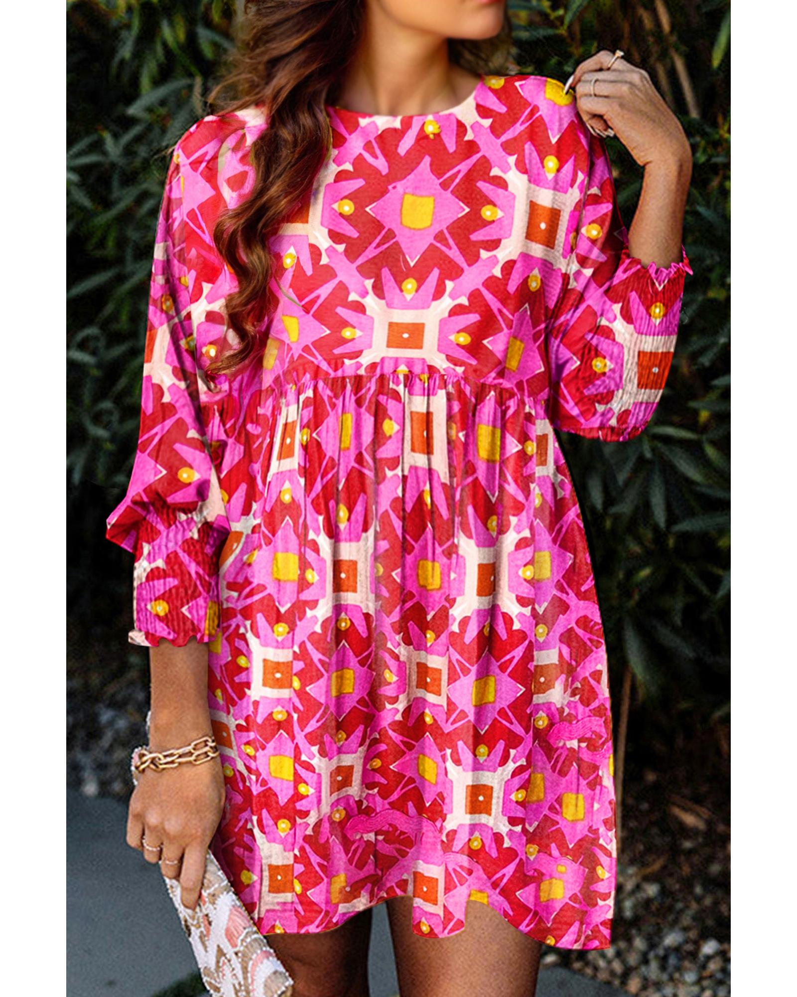 Strawberry Pink Geometric Print Smocked Long Sleeve Mini Dress - M 5