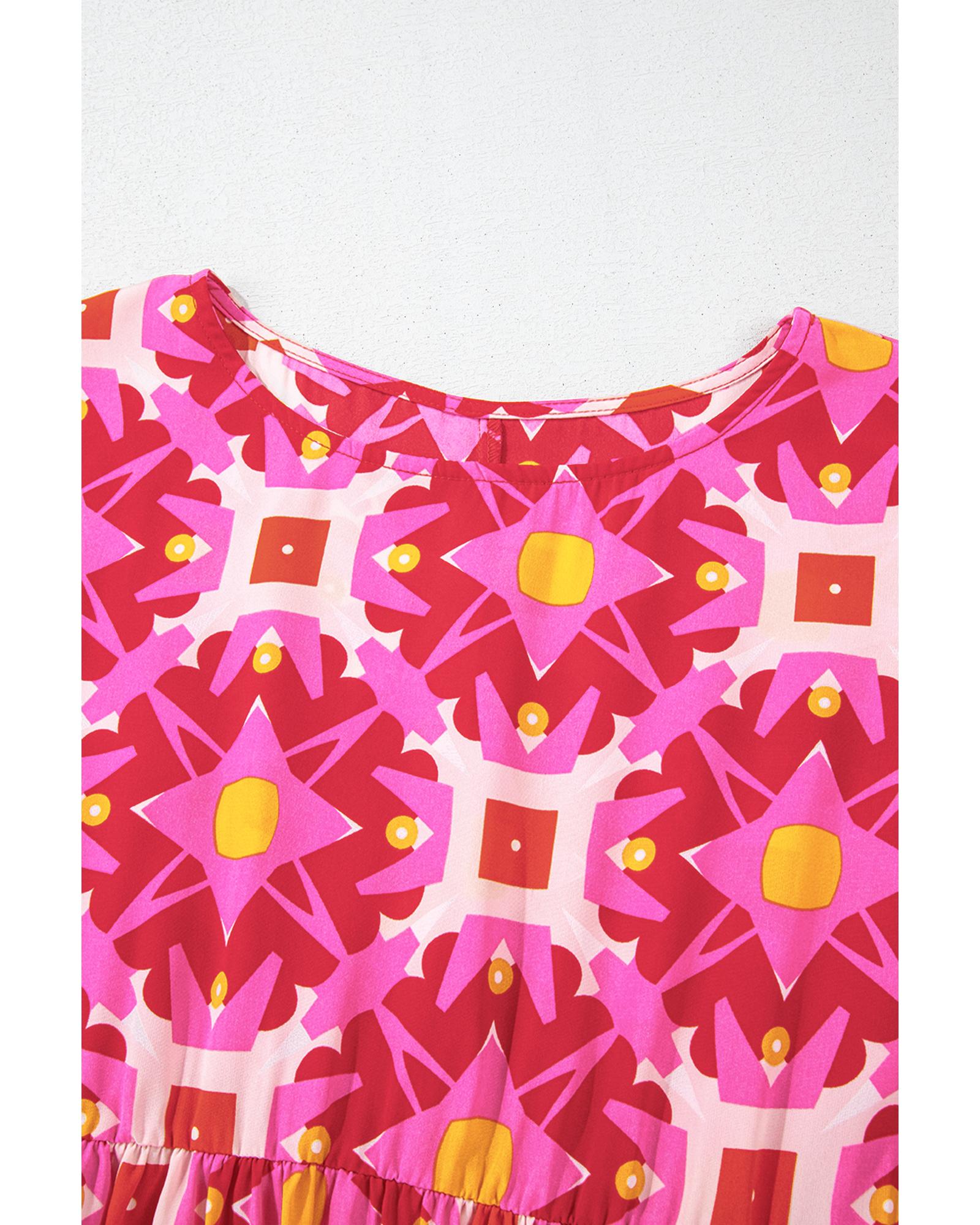 Strawberry Pink Geometric Print Smocked Long Sleeve Mini Dress - M 6