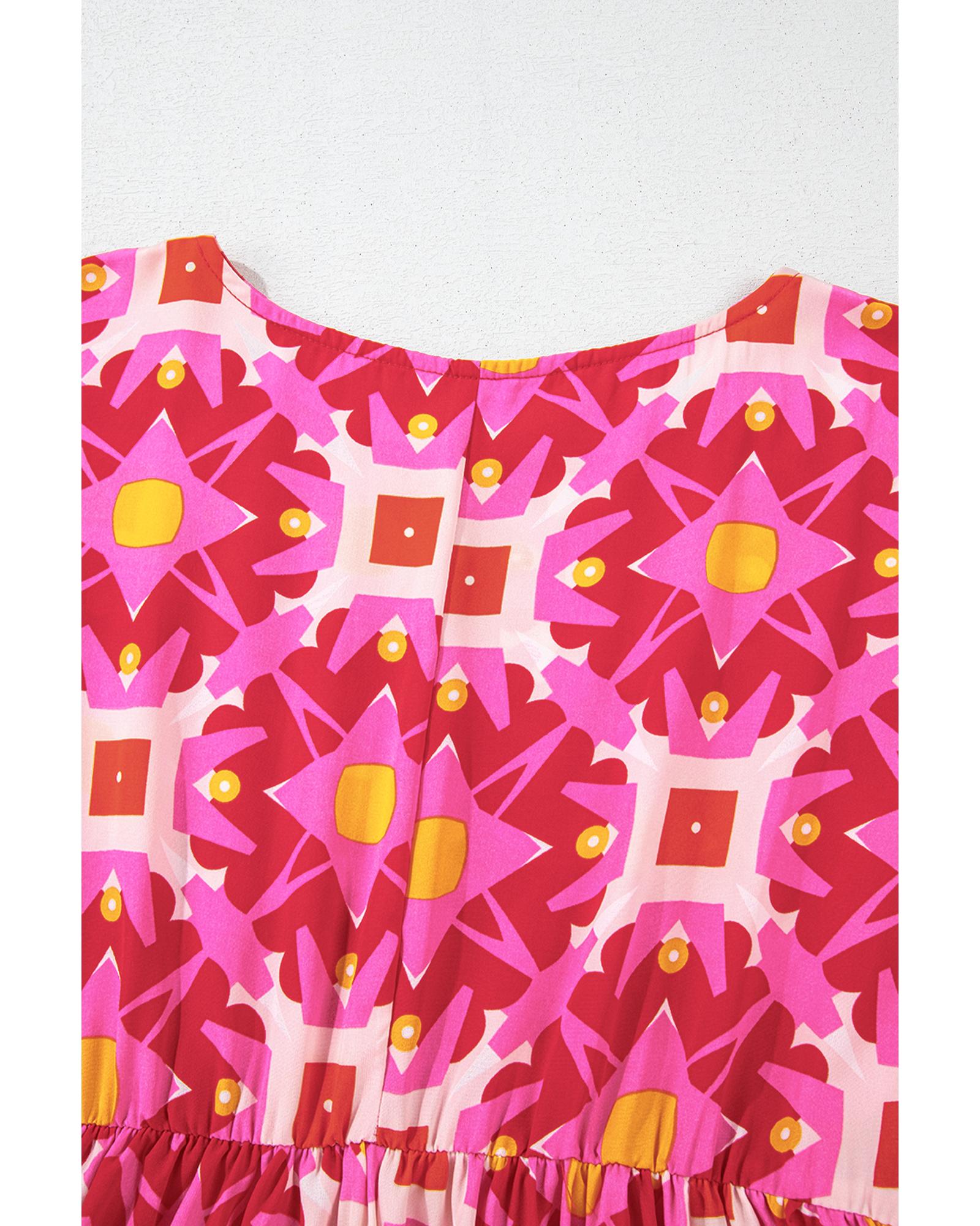 Strawberry Pink Geometric Print Smocked Long Sleeve Mini Dress - M 7