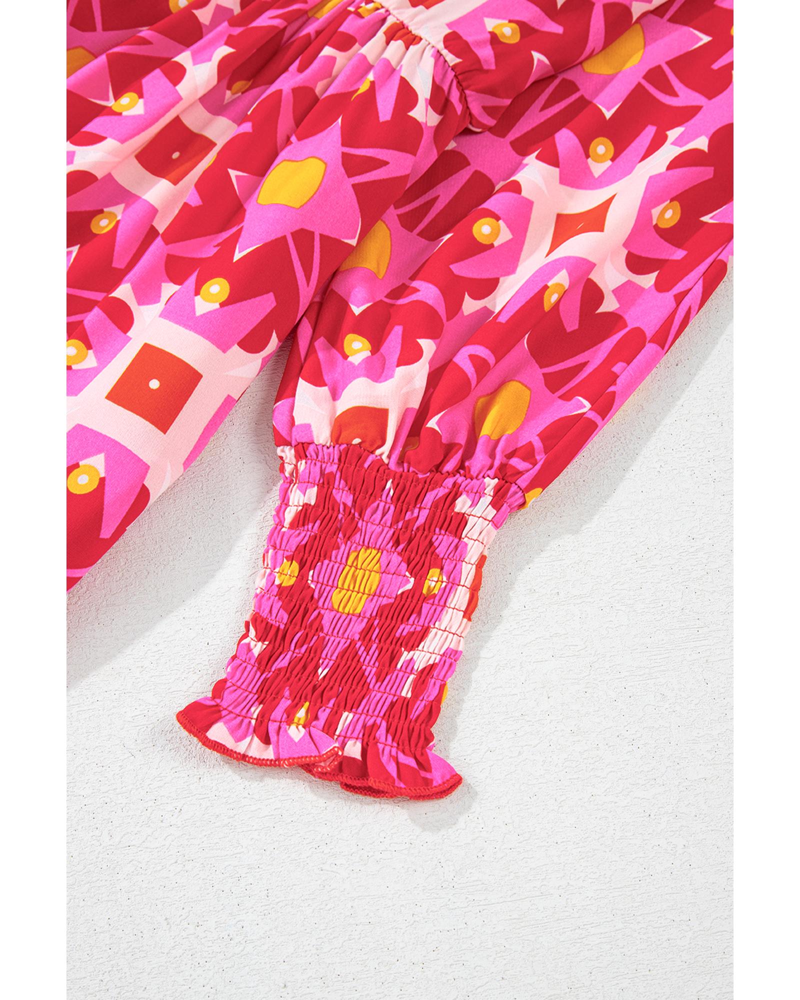 Strawberry Pink Geometric Print Smocked Long Sleeve Mini Dress - S 8