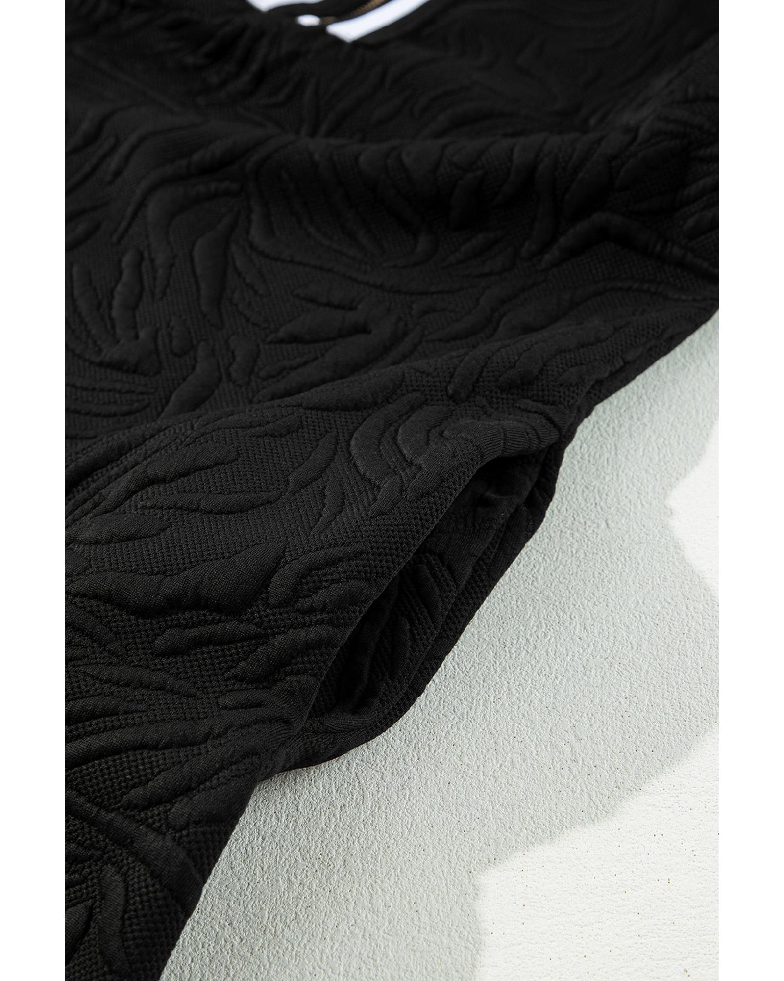Black Jacquard Textured Quarter Zipper Shift Mini Dress - L 7