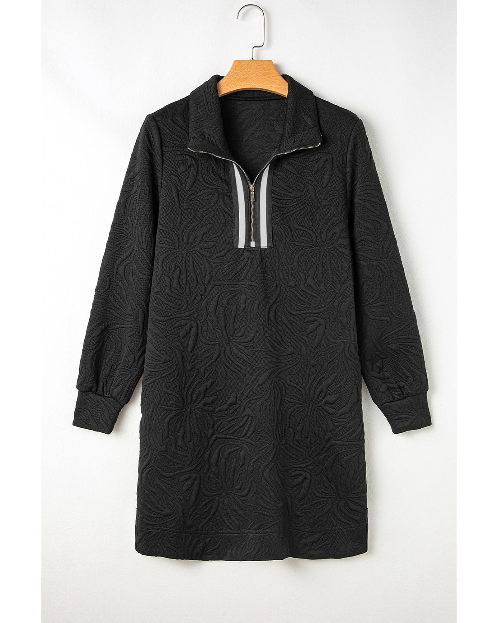 Black Jacquard Textured Quarter Zipper Shift Mini Dress - M
