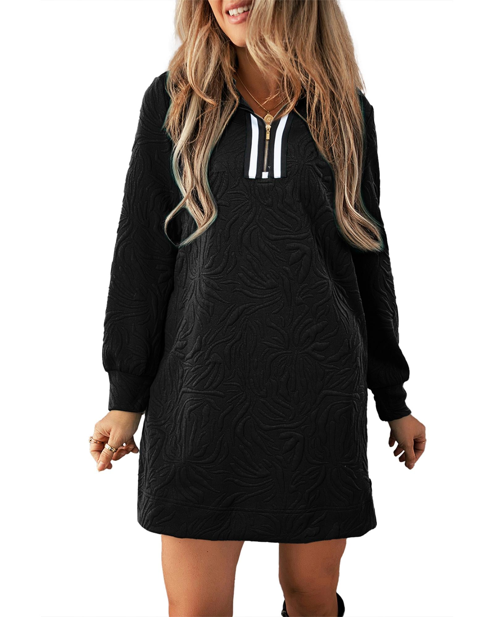 Black Jacquard Textured Quarter Zipper Shift Mini Dress - S 8