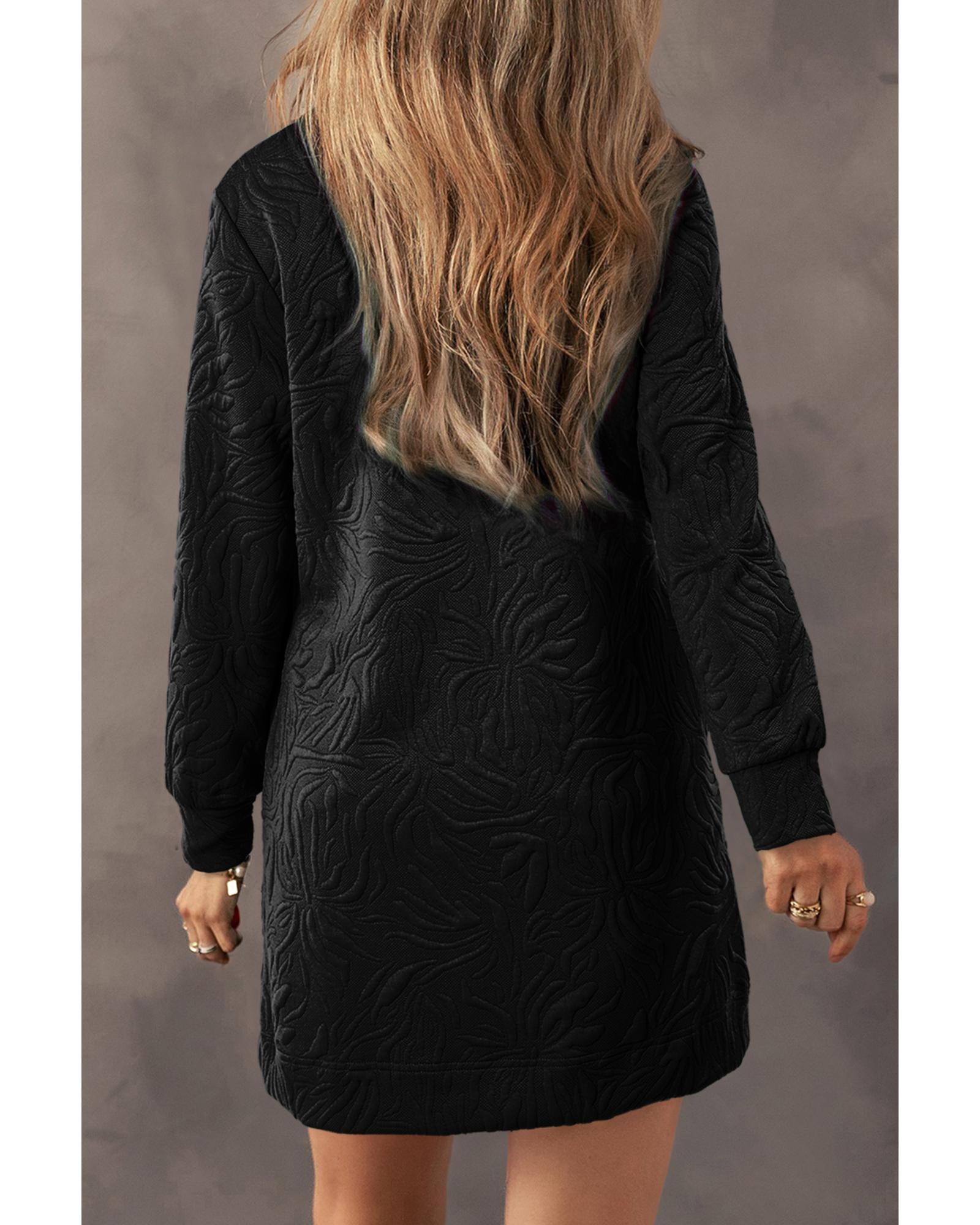 Black Jacquard Textured Quarter Zipper Shift Mini Dress - XL 6