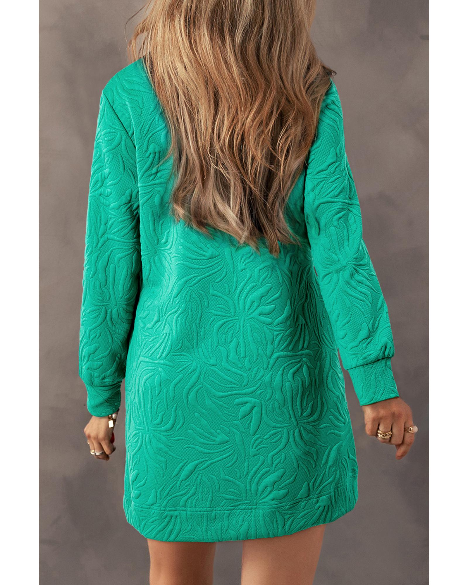 Sea Green Jacquard Textured Quarter Zipper Shift Mini Dress - L