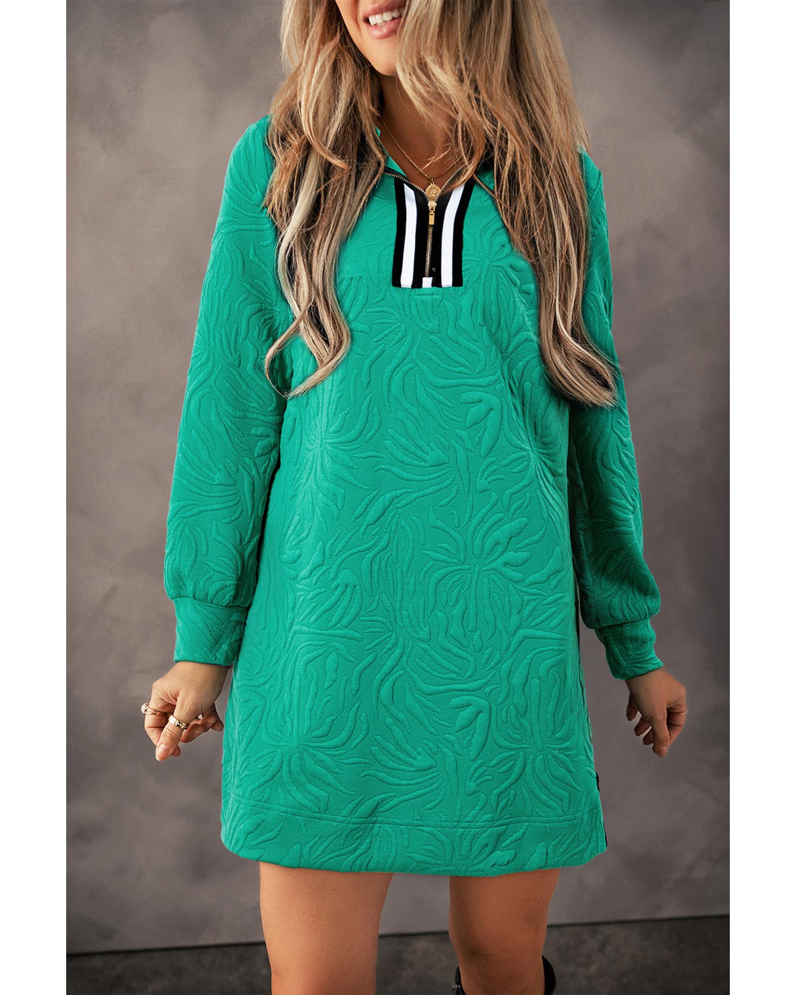 Sea Green Jacquard Textured Quarter Zipper Shift Mini Dress - M 5