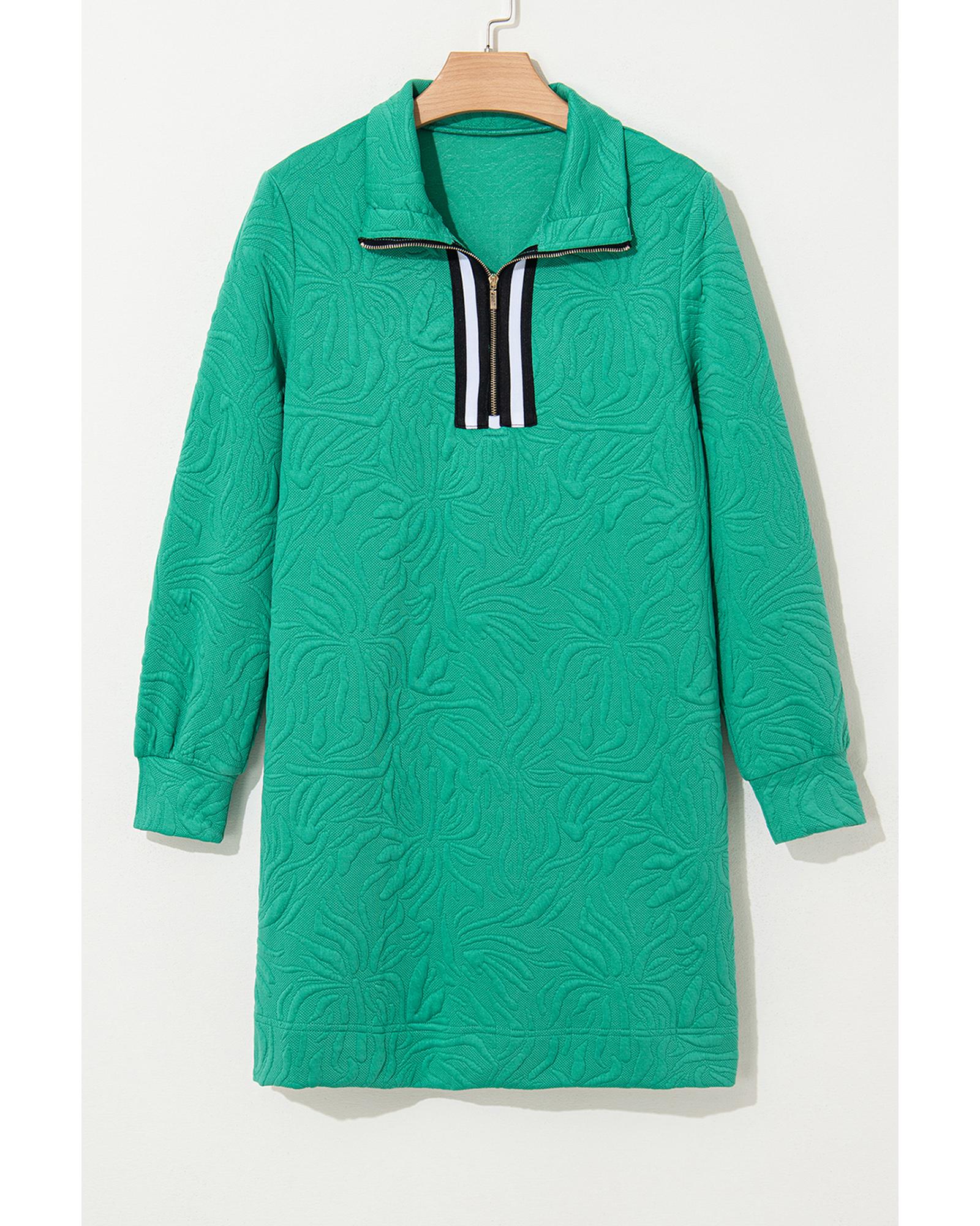 Sea Green Jacquard Textured Quarter Zipper Shift Mini Dress - S 9