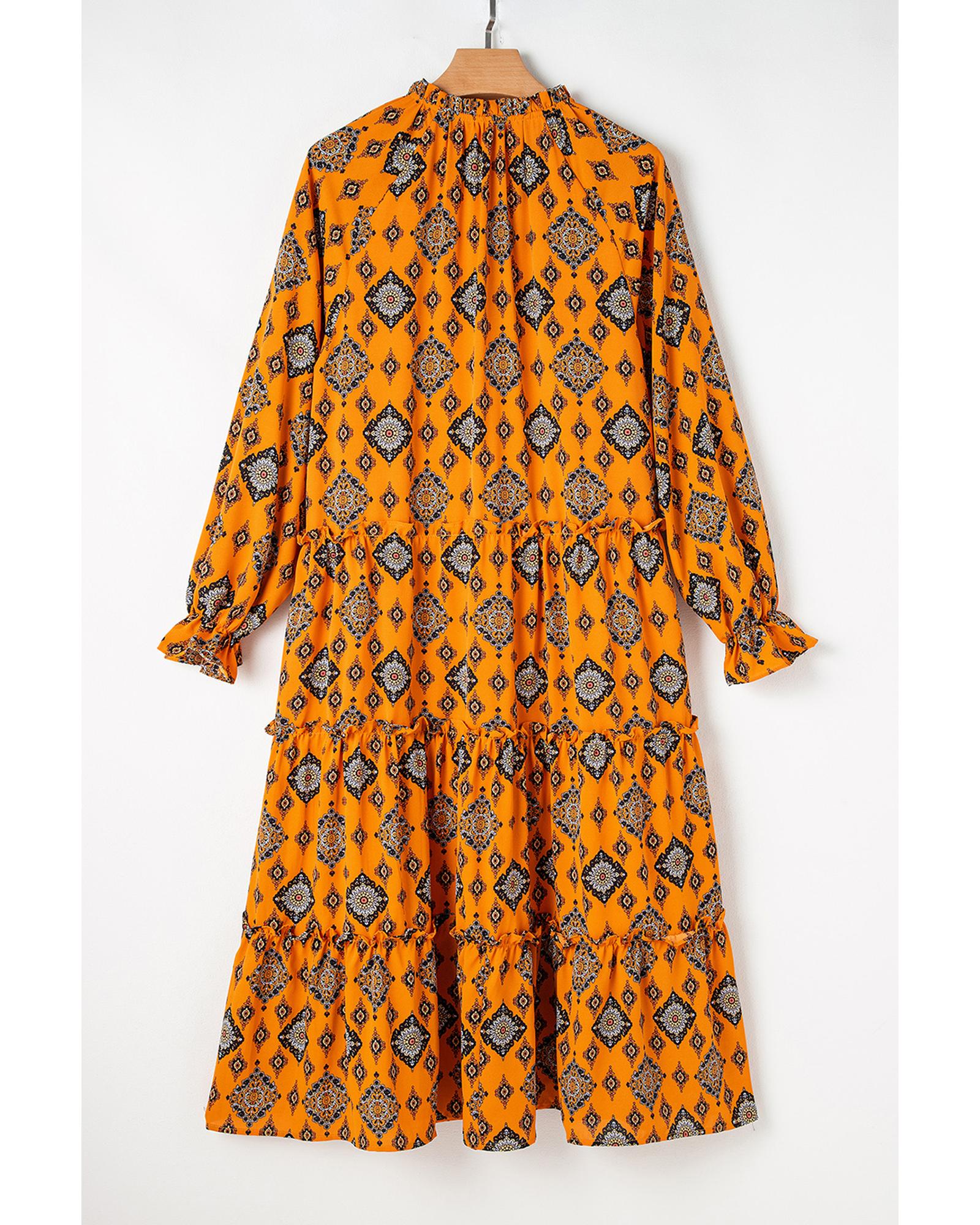 Orange Western Geometric Print Tiered Frilled Loose Fit Midi Dress - L 8
