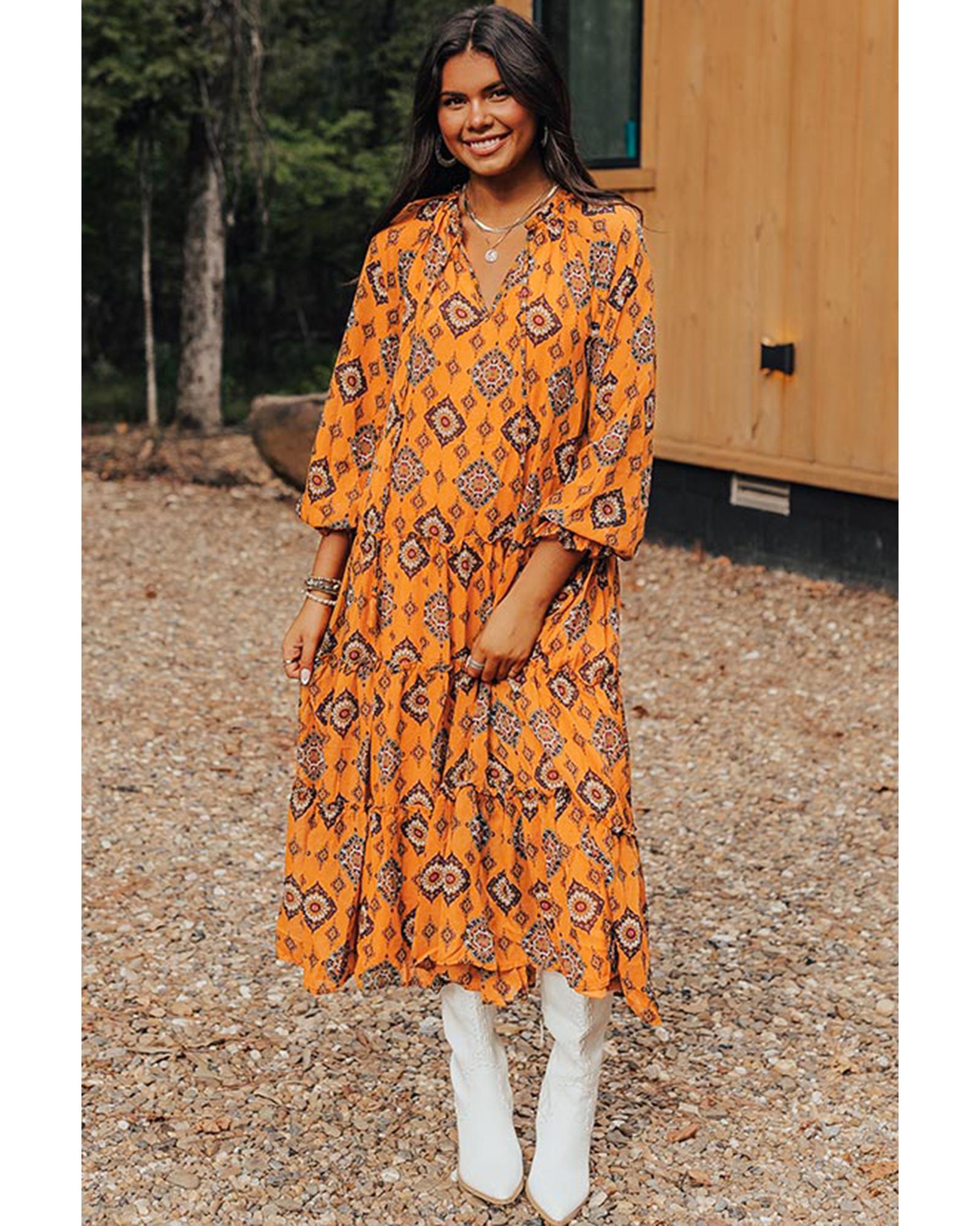 Orange Western Geometric Print Tiered Frilled Loose Fit Midi Dress - M