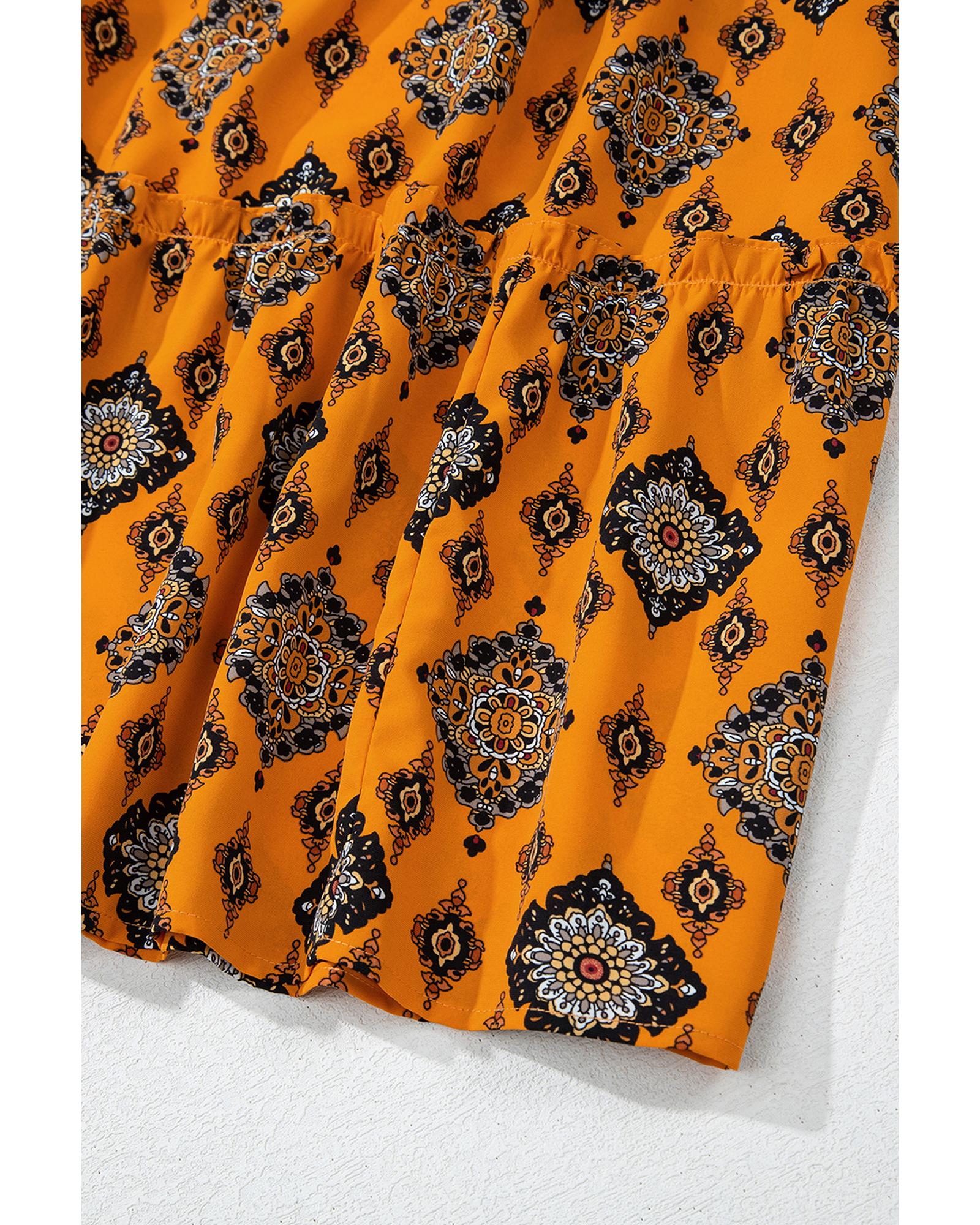 Orange Western Geometric Print Tiered Frilled Loose Fit Midi Dress - M 4