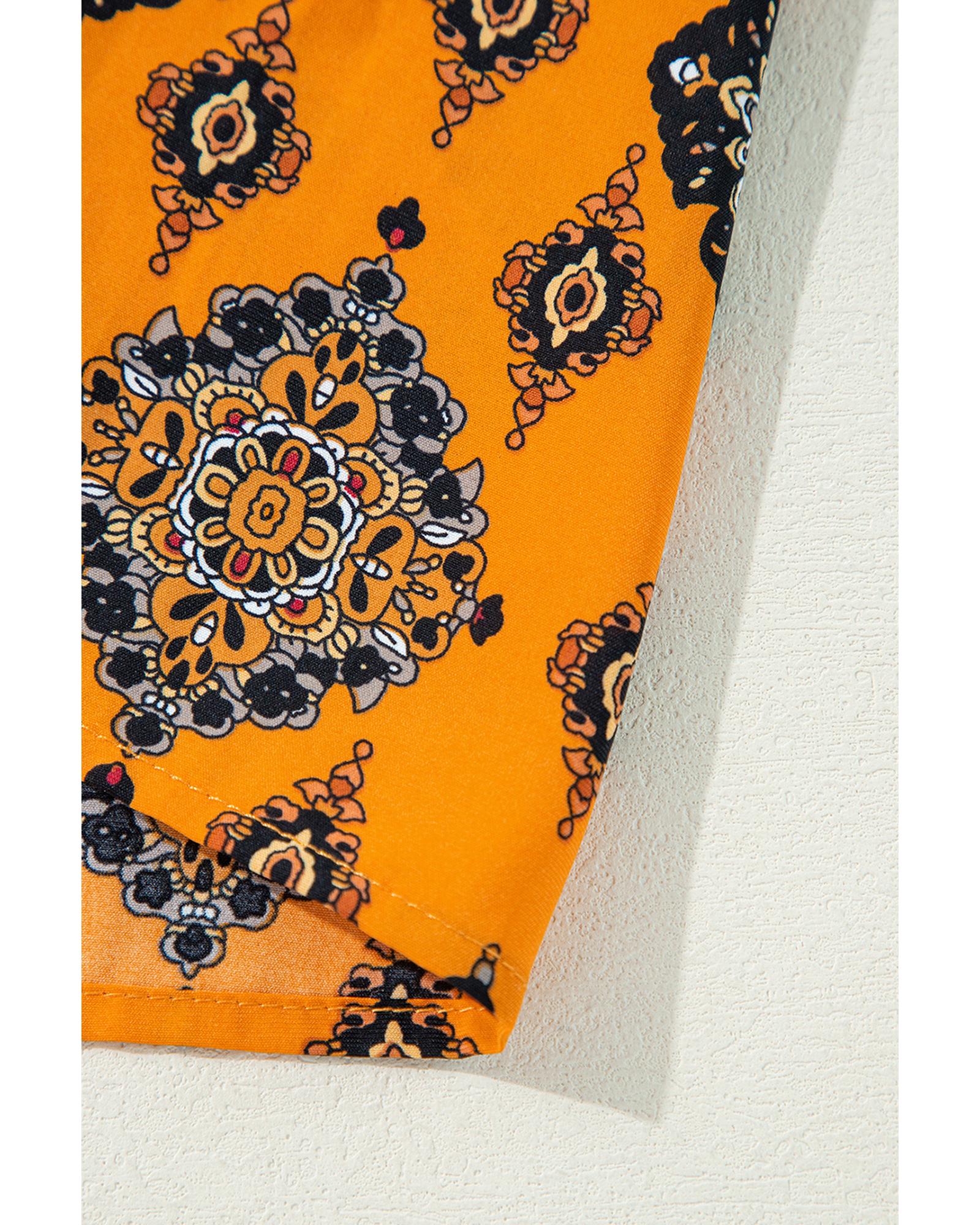 Orange Western Geometric Print Tiered Frilled Loose Fit Midi Dress - S