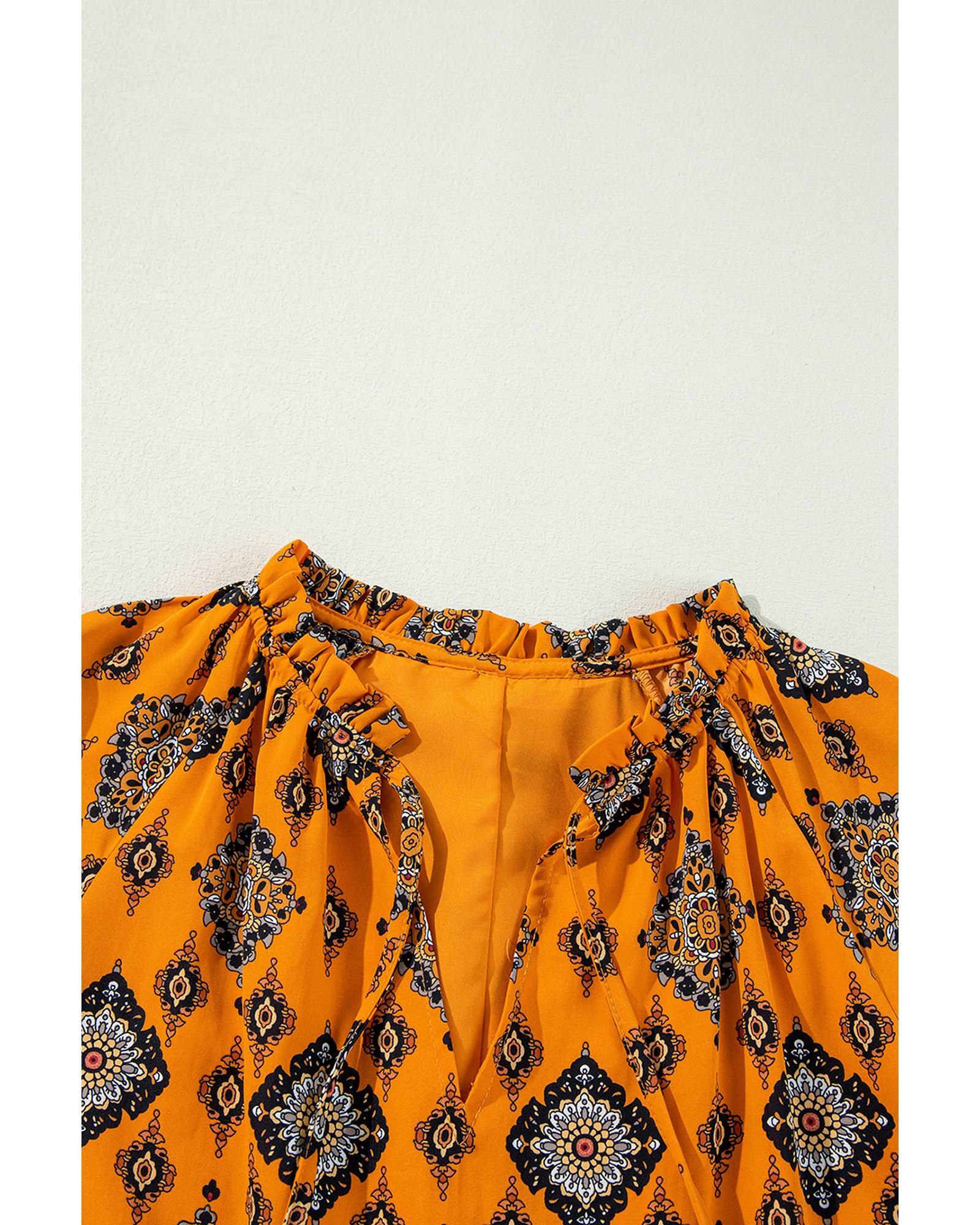 Orange Western Geometric Print Tiered Frilled Loose Fit Midi Dress - S