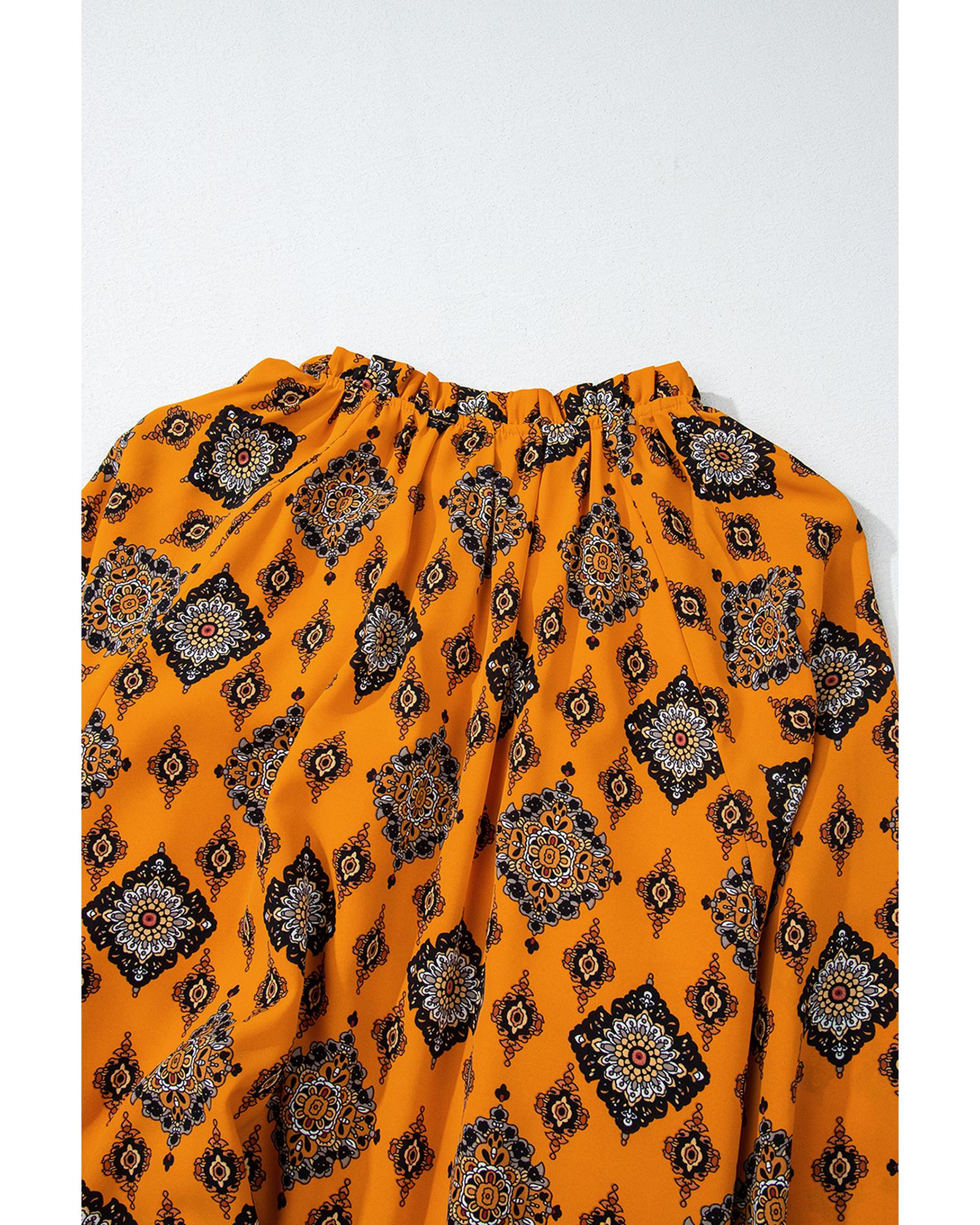 Orange Western Geometric Print Tiered Frilled Loose Fit Midi Dress - S 4