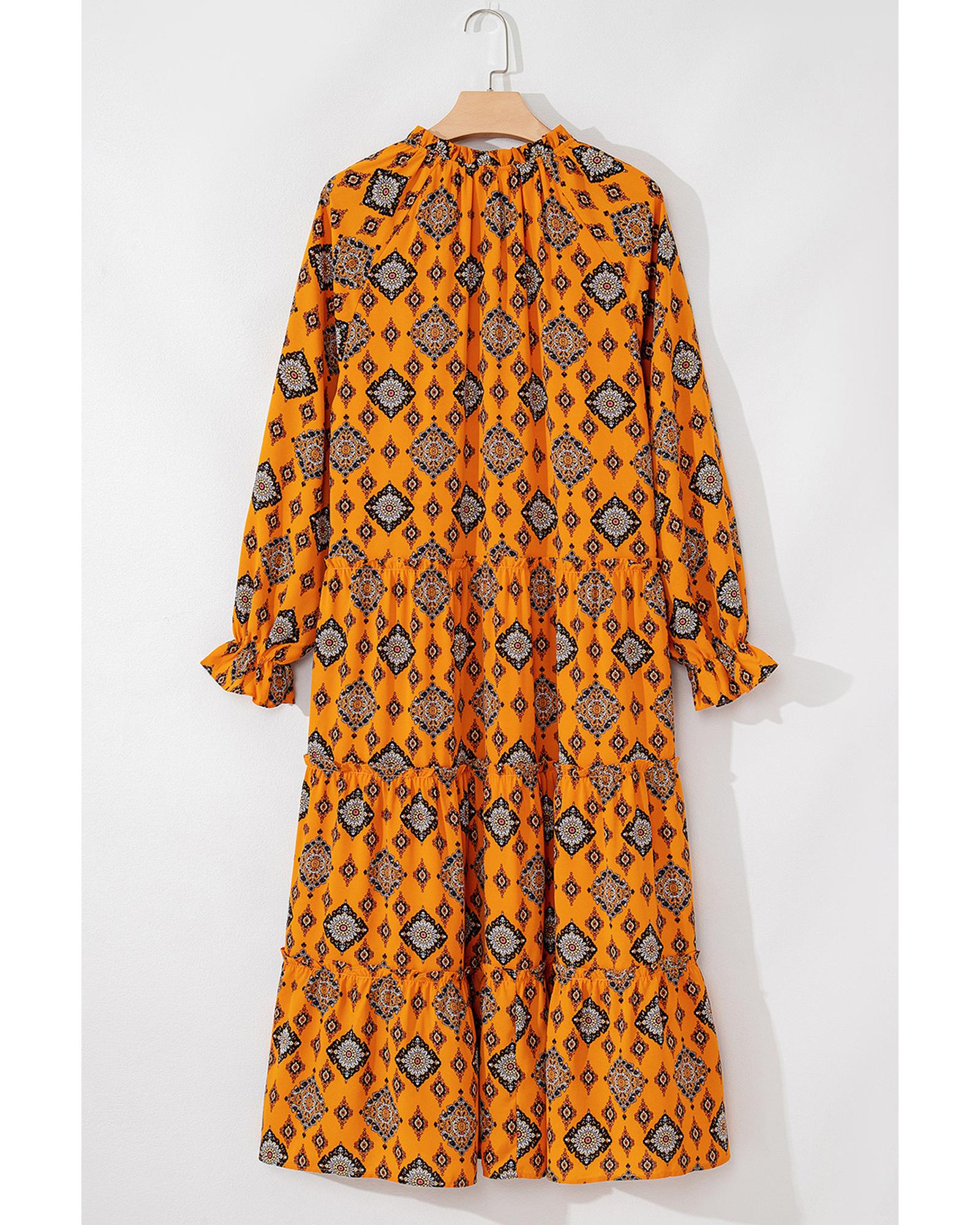 Orange Western Geometric Print Tiered Frilled Loose Fit Midi Dress - S 6