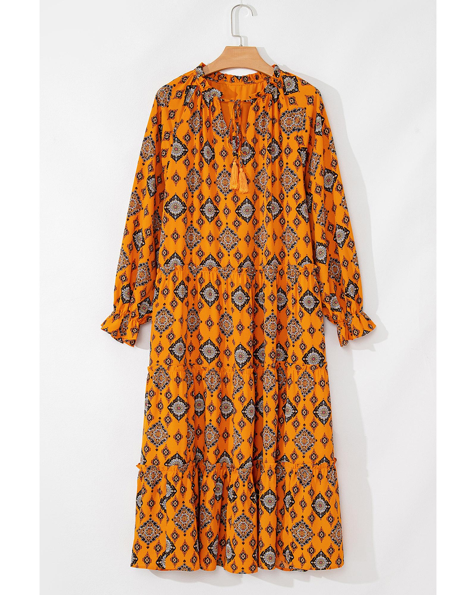 Orange Western Geometric Print Tiered Frilled Loose Fit Midi Dress - XL 5